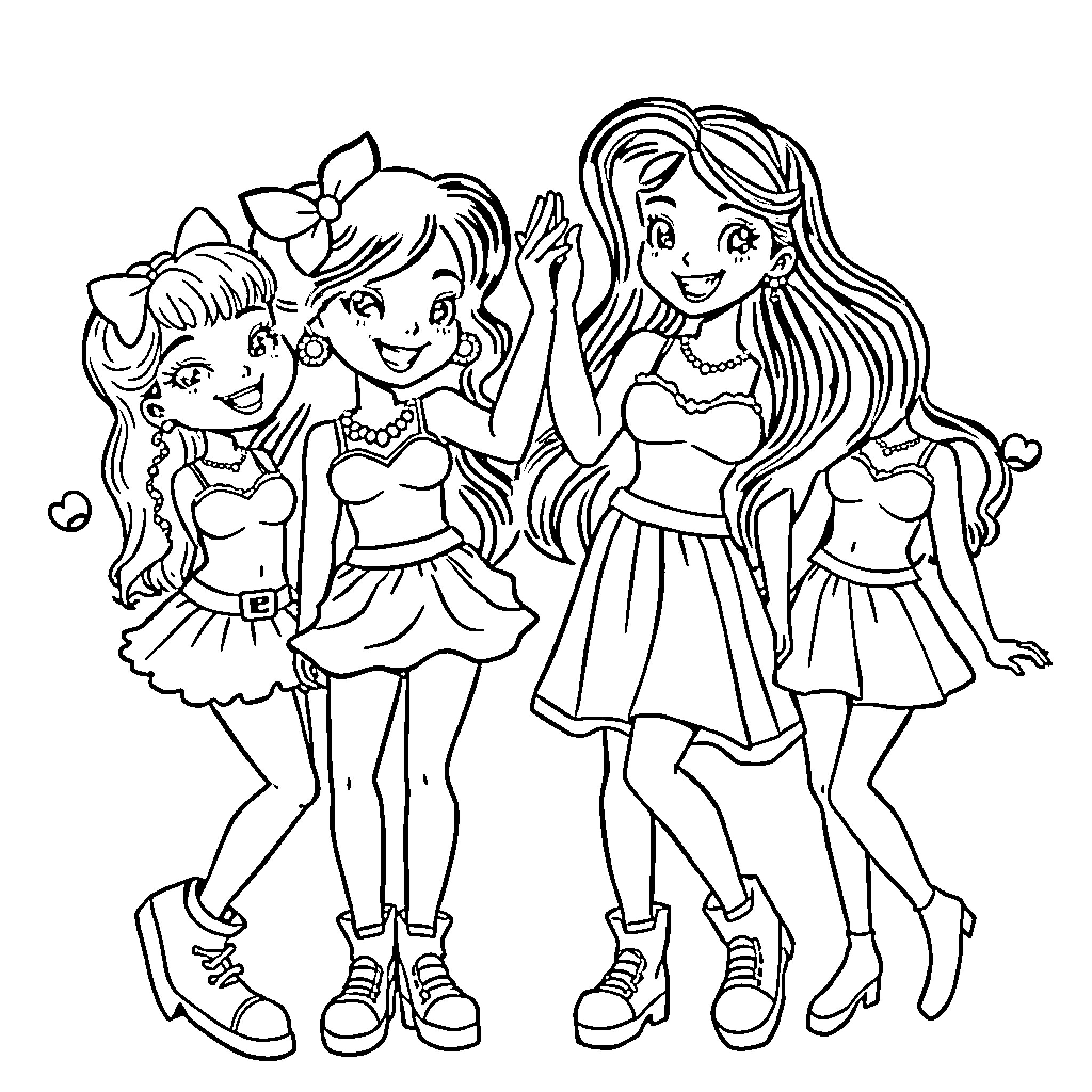 Lolirock characters in stylish outfits and poses Coloring Page (free black-and-white line drawing printable PDF for all, from beginners to advanced learners, including children, teens, adults, and seniors)