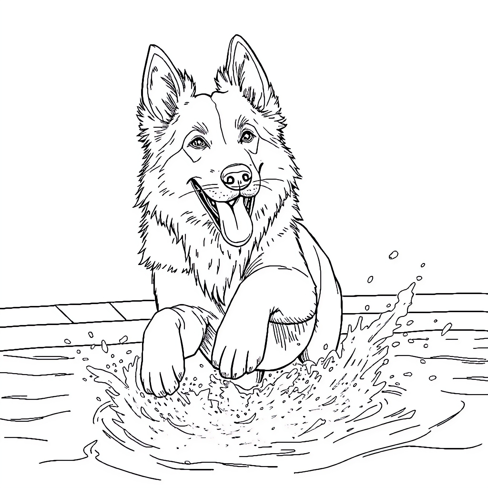Swiss Shepherd playing happily in the water Coloring Page (free black-and-white line drawing printable PDF for all, from beginners to advanced learners, including children, teens, adults, and seniors)
