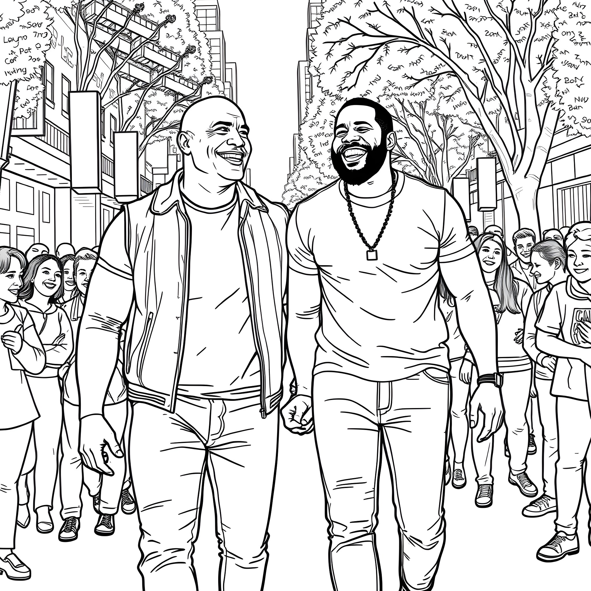 Rock Two Friends Strolling Through the Busy City Coloring Page (free black-and-white line drawing printable PDF for all, from beginners to advanced learners, including children, teens, adults, and seniors)