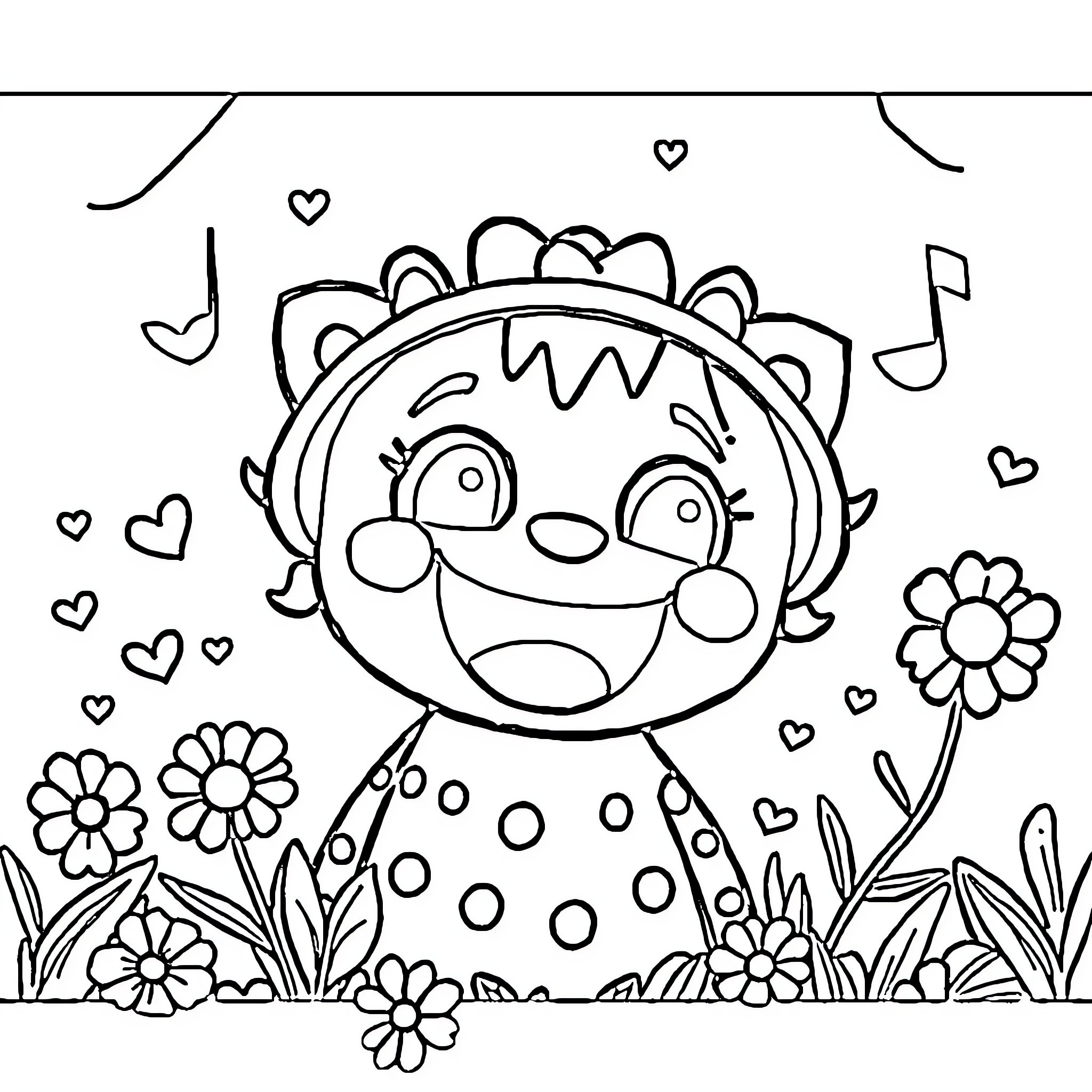 Tralalero Joyful Creature Playing in Flowers Coloring Page (free black-and-white line drawing printable PDF for all, from beginners to advanced learners, including children, teens, adults, and seniors)