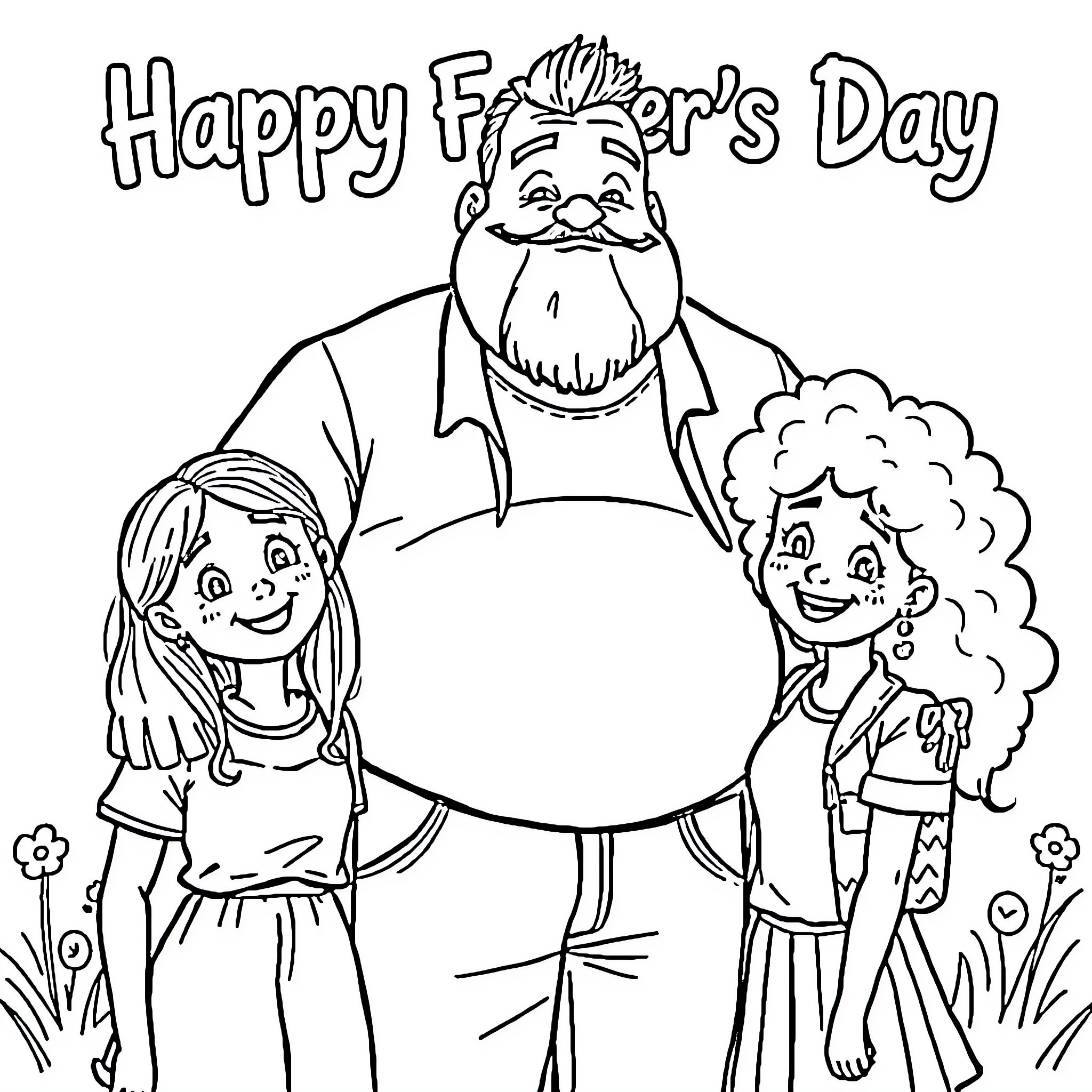 Dad spending time with his daughters on Father's Day Coloring Page (free black-and-white line drawing printable PDF for all, from beginners to advanced learners, including children, teens, adults, and seniors)