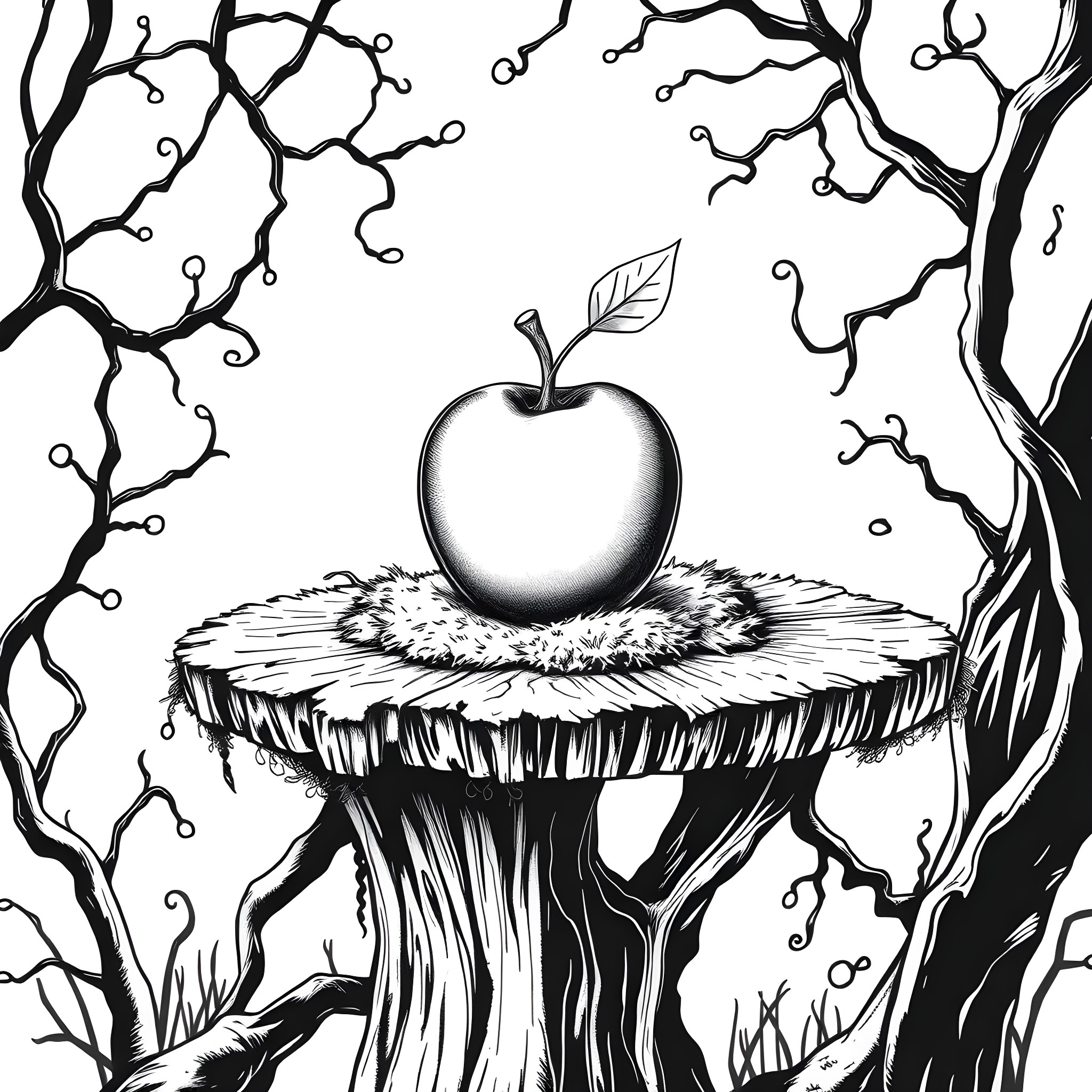 Poison Apple Resting on Twisted Tree Branches Coloring Page (free black-and-white line drawing printable PDF for all, from beginners to advanced learners, including children, teens, adults, and seniors)