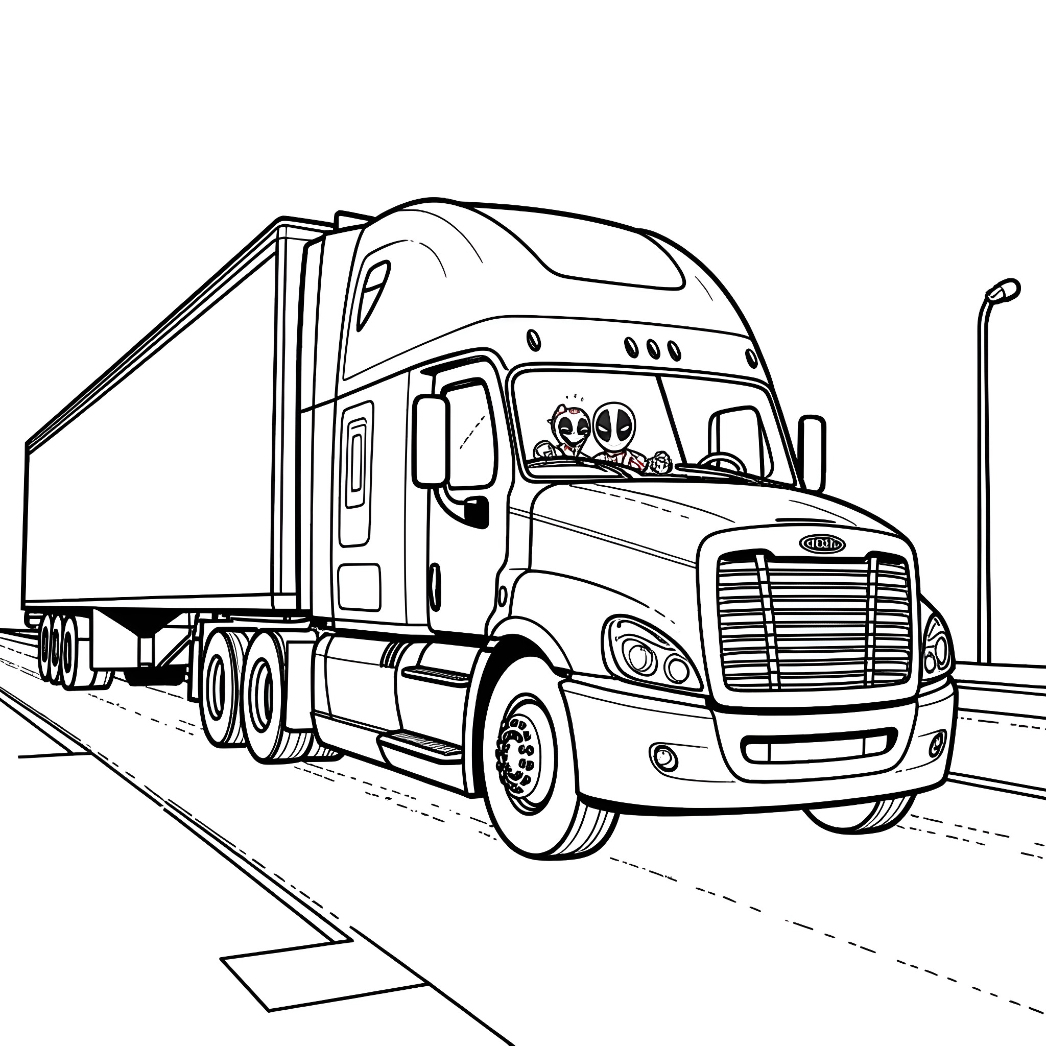 Deadpool driving a massive semi-truck on the highway Coloring Page (free black-and-white line drawing printable PDF for all, from beginners to advanced learners, including children, teens, adults, and seniors)