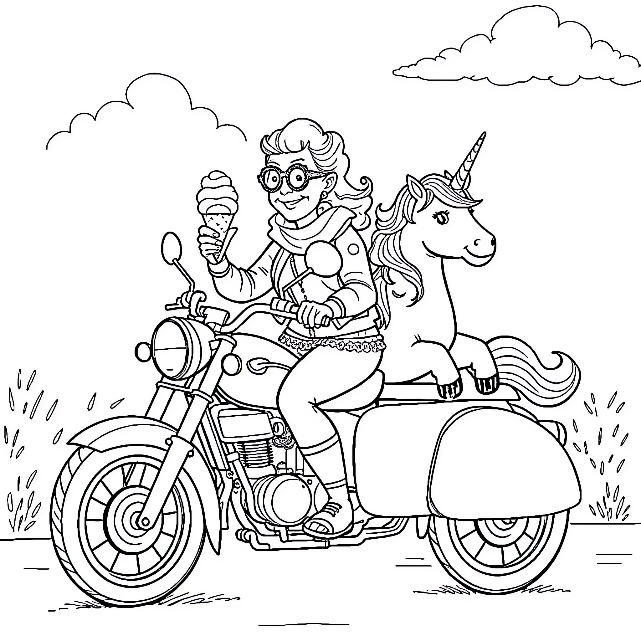 Grandma riding a motorcycle with her unicorn companion Coloring Page (free black-and-white line drawing printable PDF for all, from beginners to advanced learners, including children, teens, adults, and seniors)