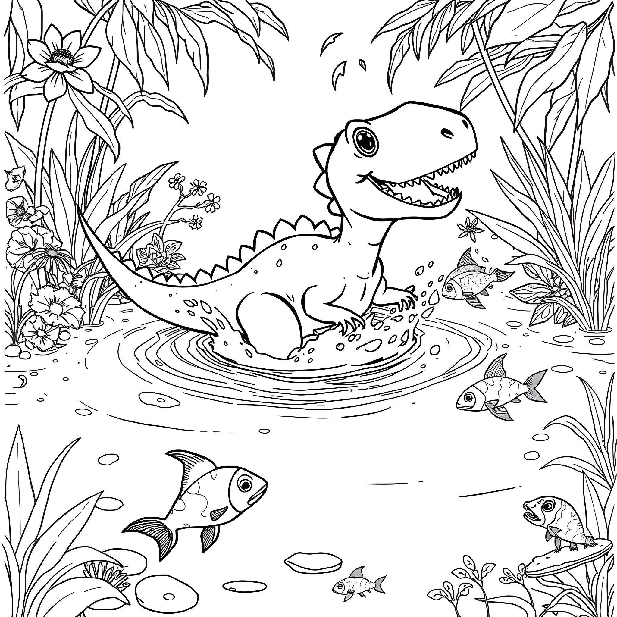 Dinosaur splashing in pond with underwater wildlife Coloring Page (free black-and-white line drawing printable PDF for all, from beginners to advanced learners, including children, teens, adults, and seniors)