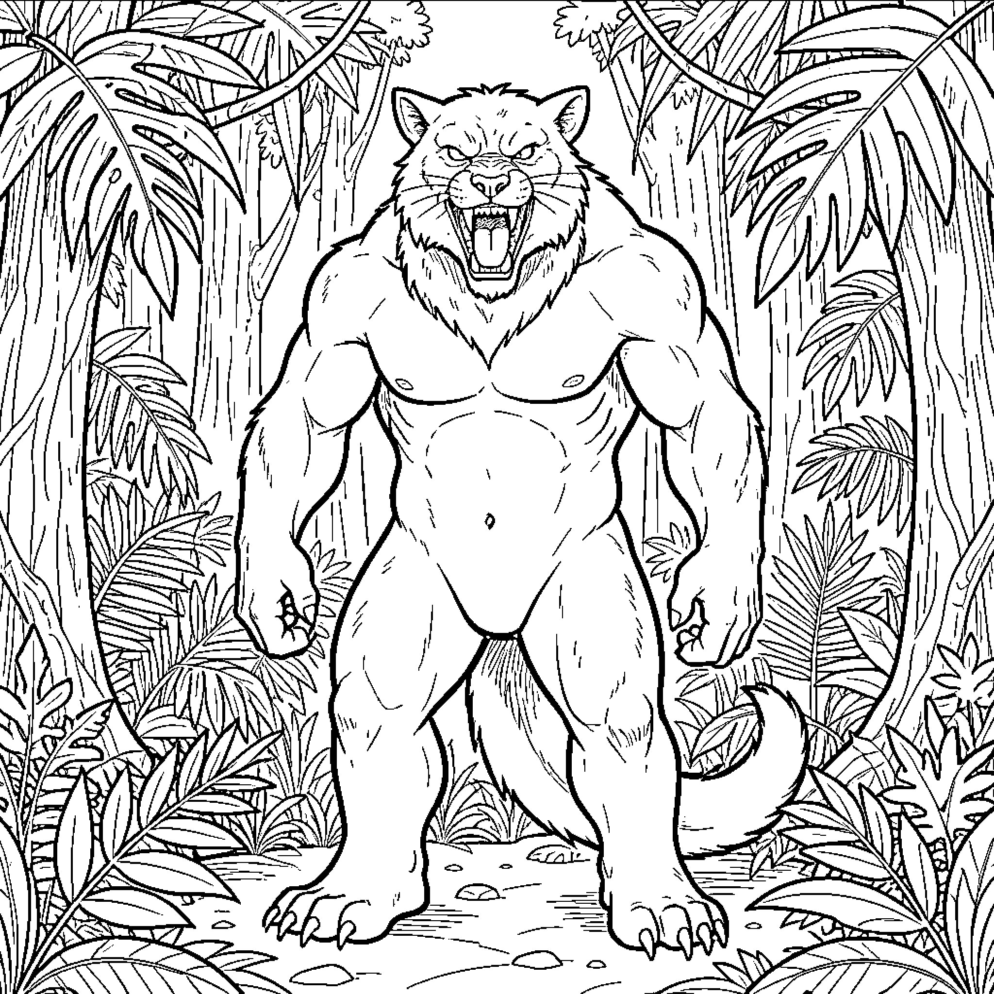Tiranopoule muscular beast roaring in a dense jungle Coloring Page (free black-and-white line drawing printable PDF for all, from beginners to advanced learners, including children, teens, adults, and seniors)