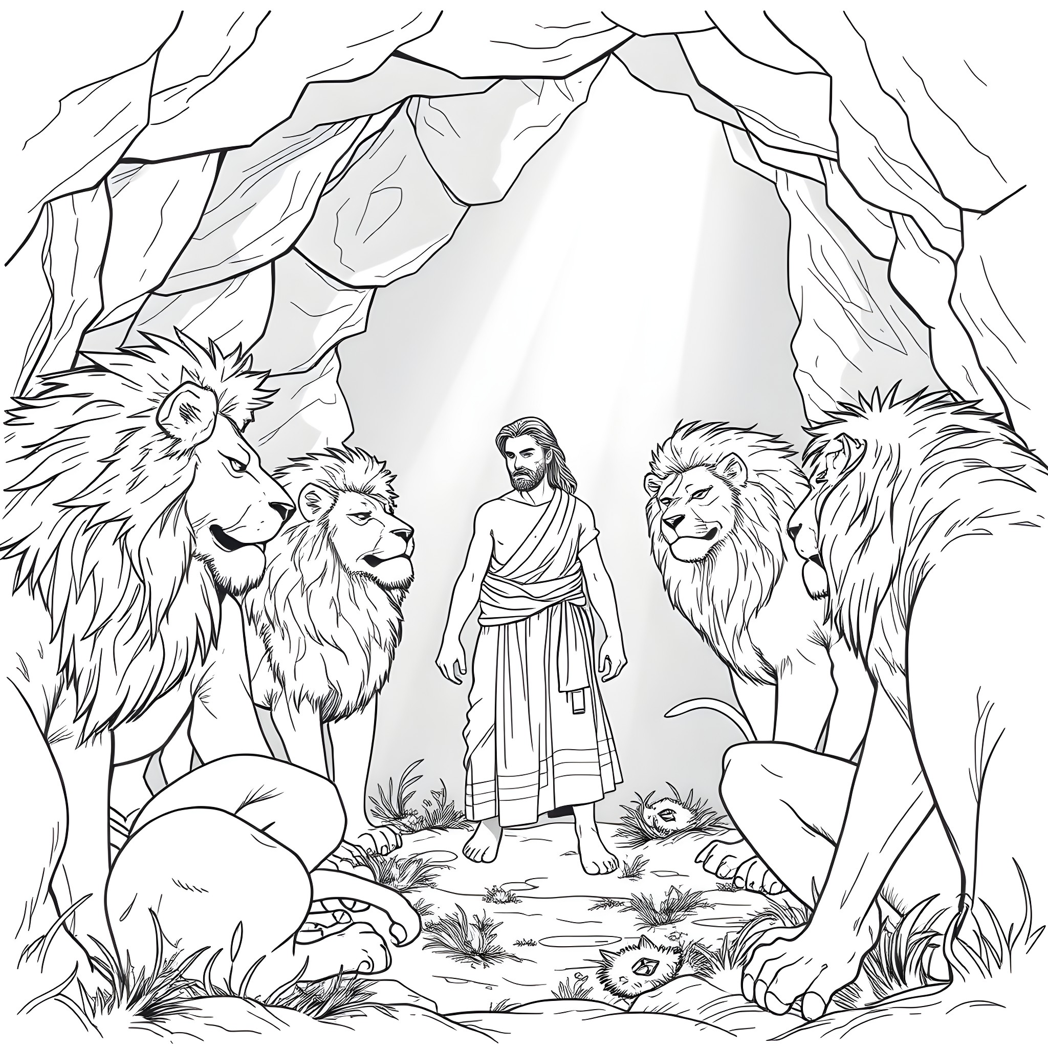 Daniel and the Lions in the Den Coloring Page (free black-and-white line drawing printable PDF for all, from beginners to advanced learners, including children, teens, adults, and seniors)