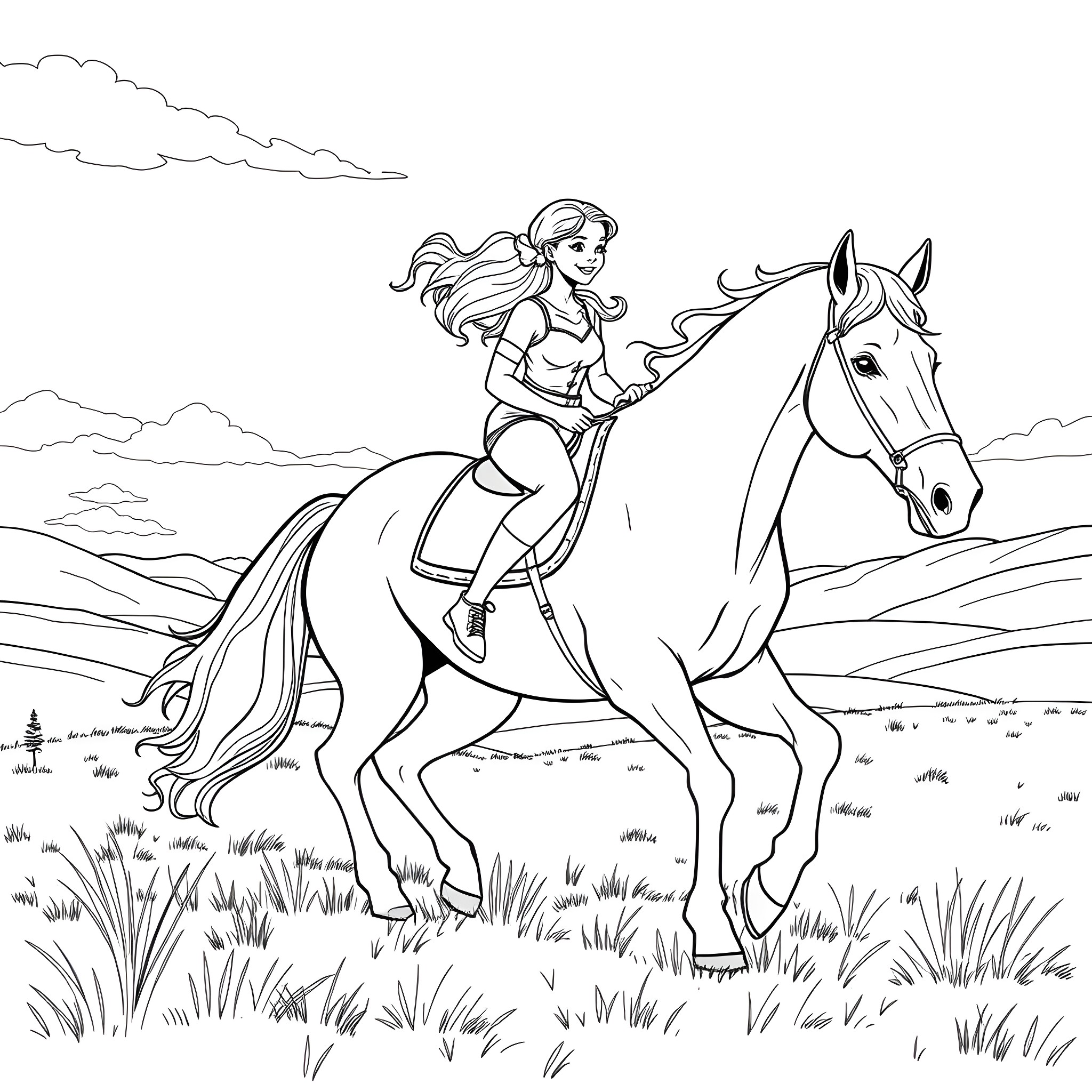 Girl riding a horse through the countryside Coloring Page (free black-and-white line drawing printable PDF for all, from beginners to advanced learners, including children, teens, adults, and seniors)