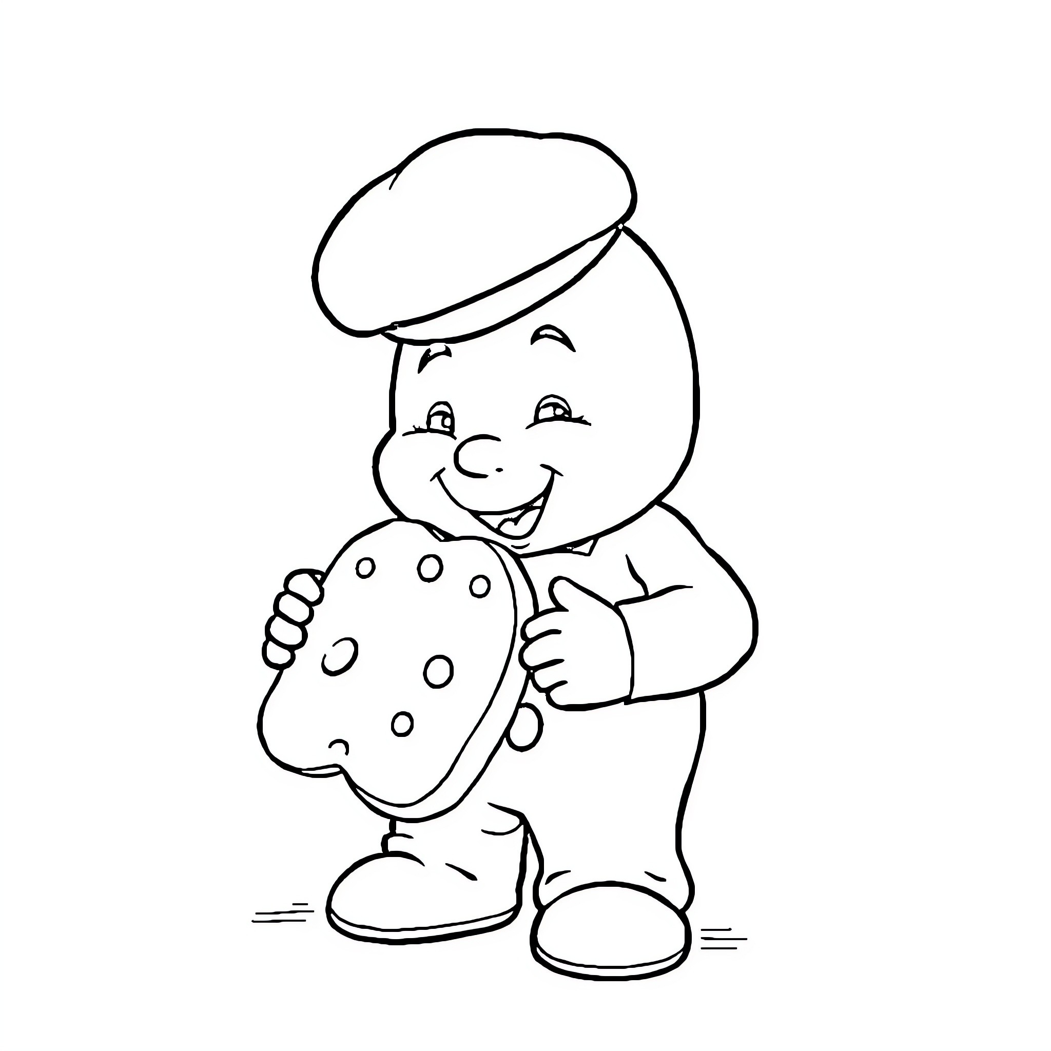 Doughboy happily holding a cookie Coloring Page (free black-and-white line drawing printable PDF for all, from beginners to advanced learners, including children, teens, adults, and seniors)