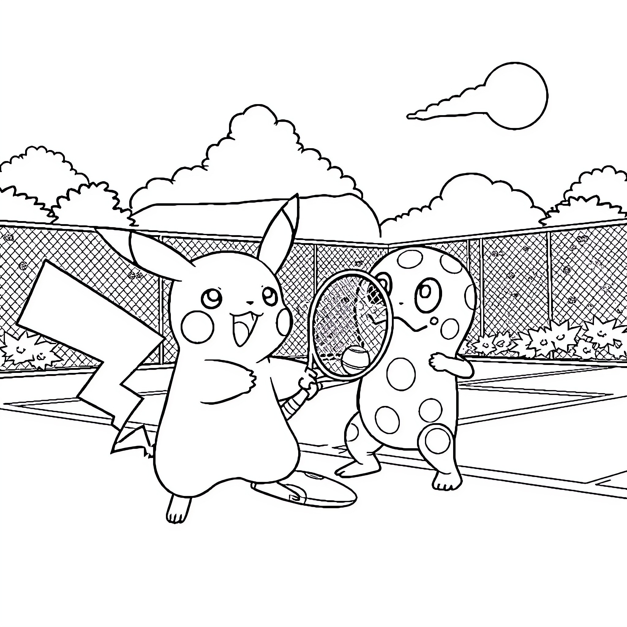 Pikachu playing with friends in the park Coloring Page (free black-and-white line drawing printable PDF for all, from beginners to advanced learners, including children, teens, adults, and seniors)