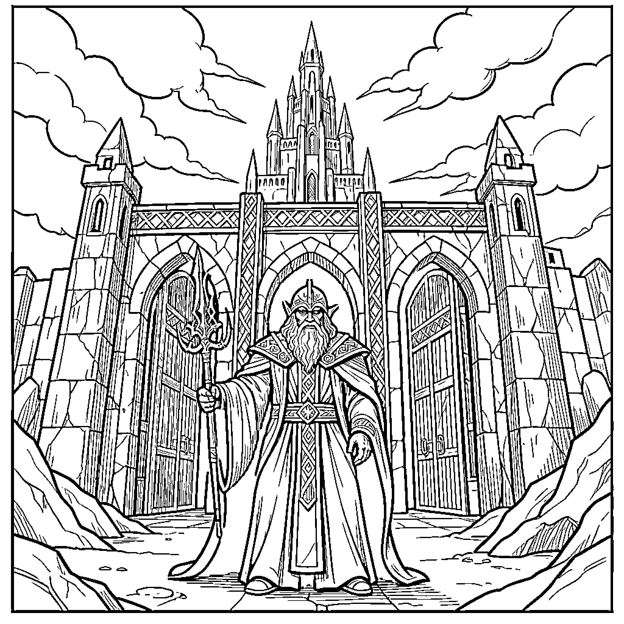 Sauron standing before the dark castle Coloring Page (free black-and-white line drawing printable PDF for all, from beginners to advanced learners, including children, teens, adults, and seniors)