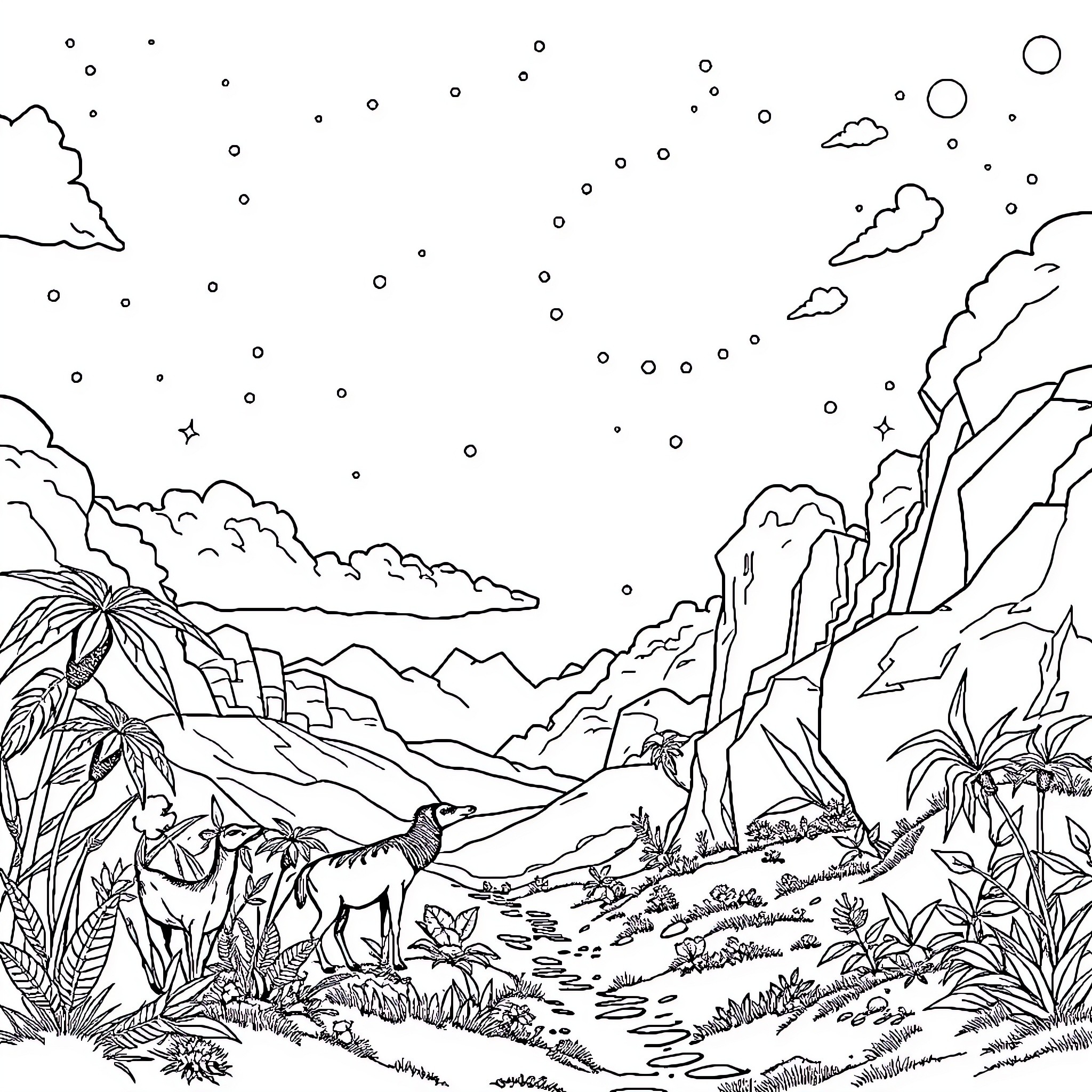 Creation of a Mystical Landscape Coloring Page (free black-and-white line drawing printable PDF for all, from beginners to advanced learners, including children, teens, adults, and seniors)