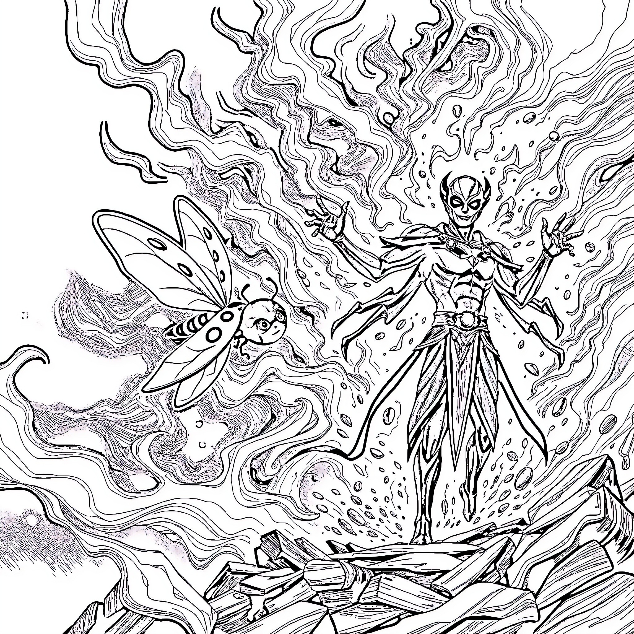 Ladybug Fairy's Enchanting Sorcery in the Storm Coloring Page (free black-and-white line drawing printable PDF for all, from beginners to advanced learners, including children, teens, adults, and seniors)