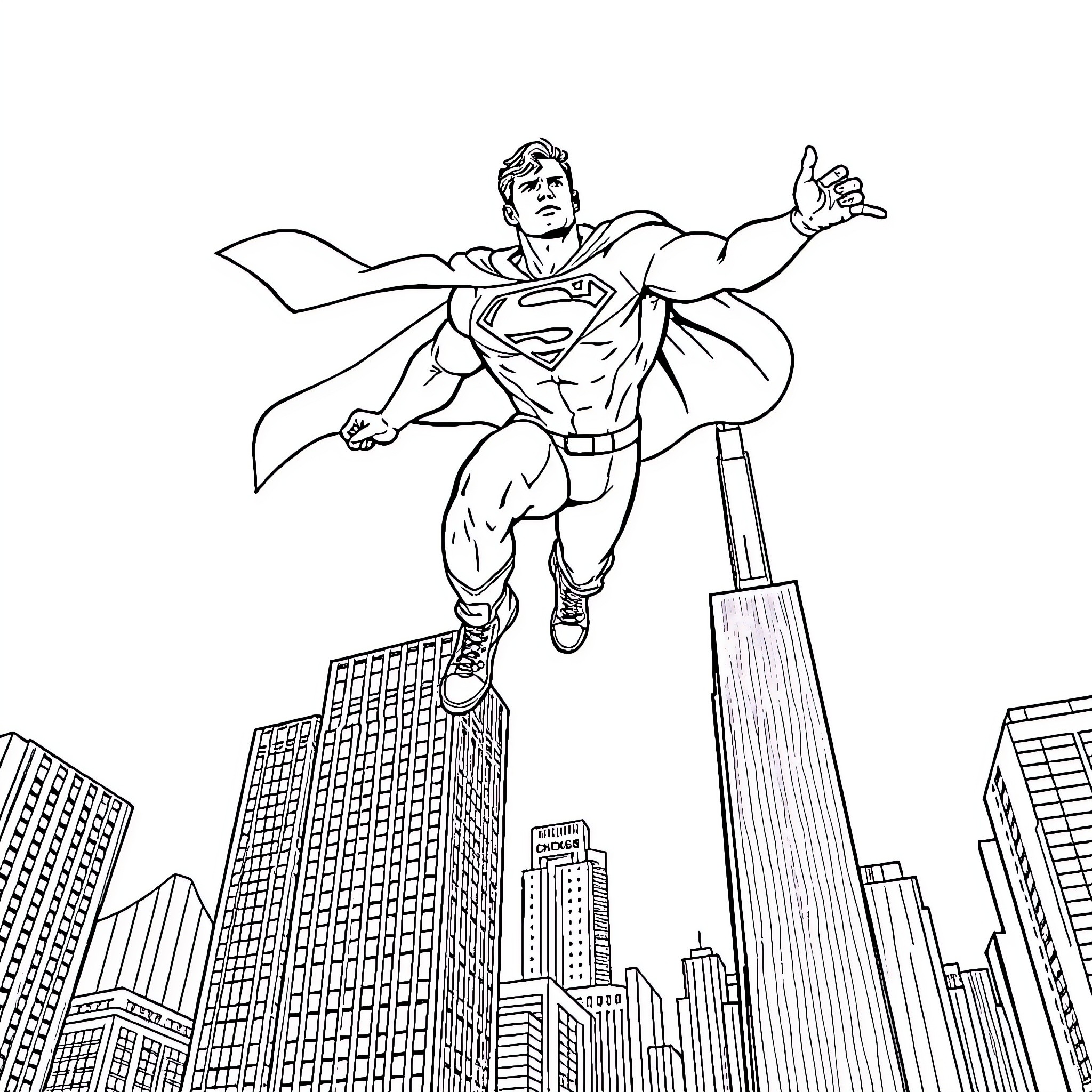 Superman soaring over the city skyline Coloring Page (free black-and-white line drawing printable PDF for all, from beginners to advanced learners, including children, teens, adults, and seniors)