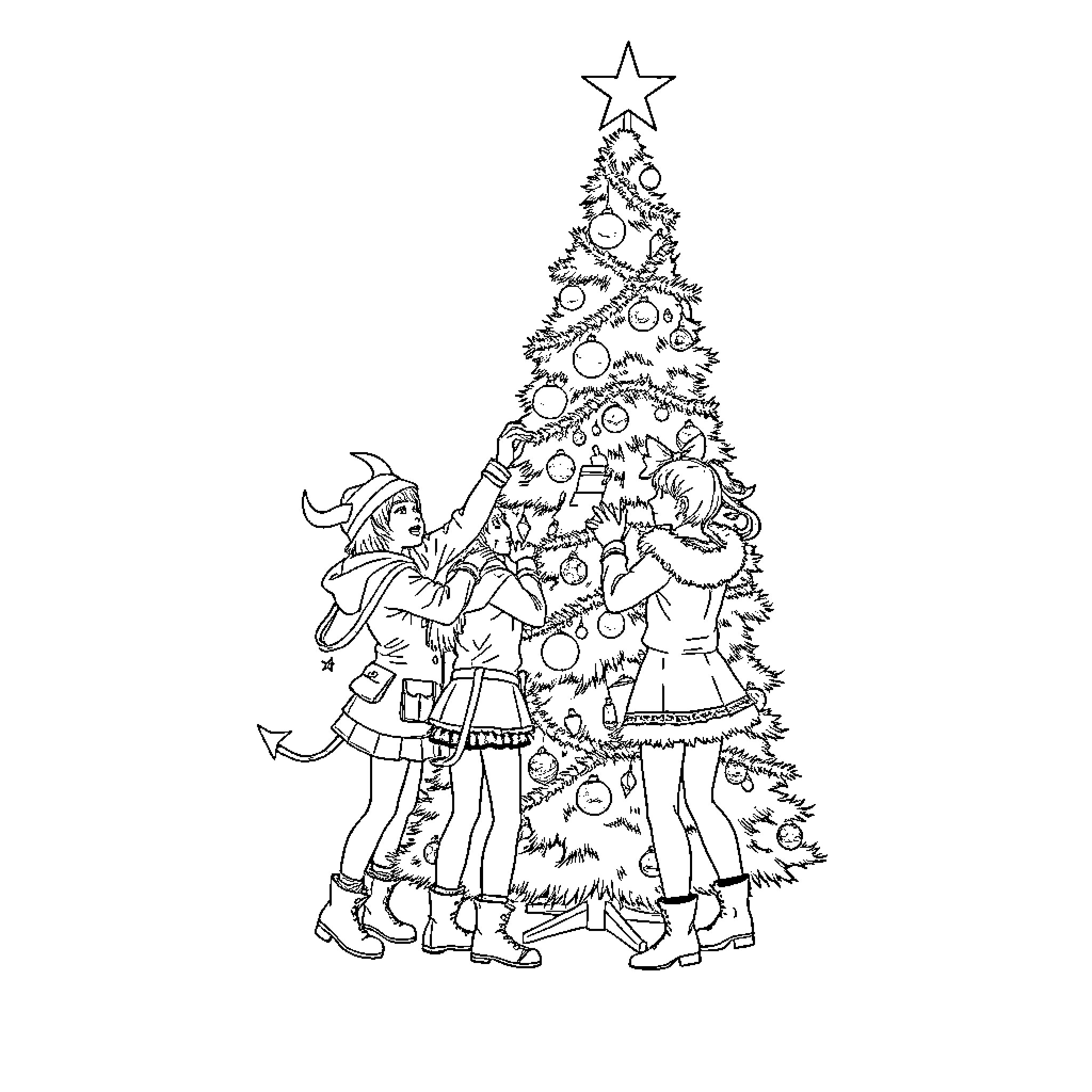 K-POP Demon Hunters Decorating Christmas Tree Coloring Page (free black-and-white line drawing printable PDF for all, from beginners to advanced learners, including children, teens, adults, and seniors)