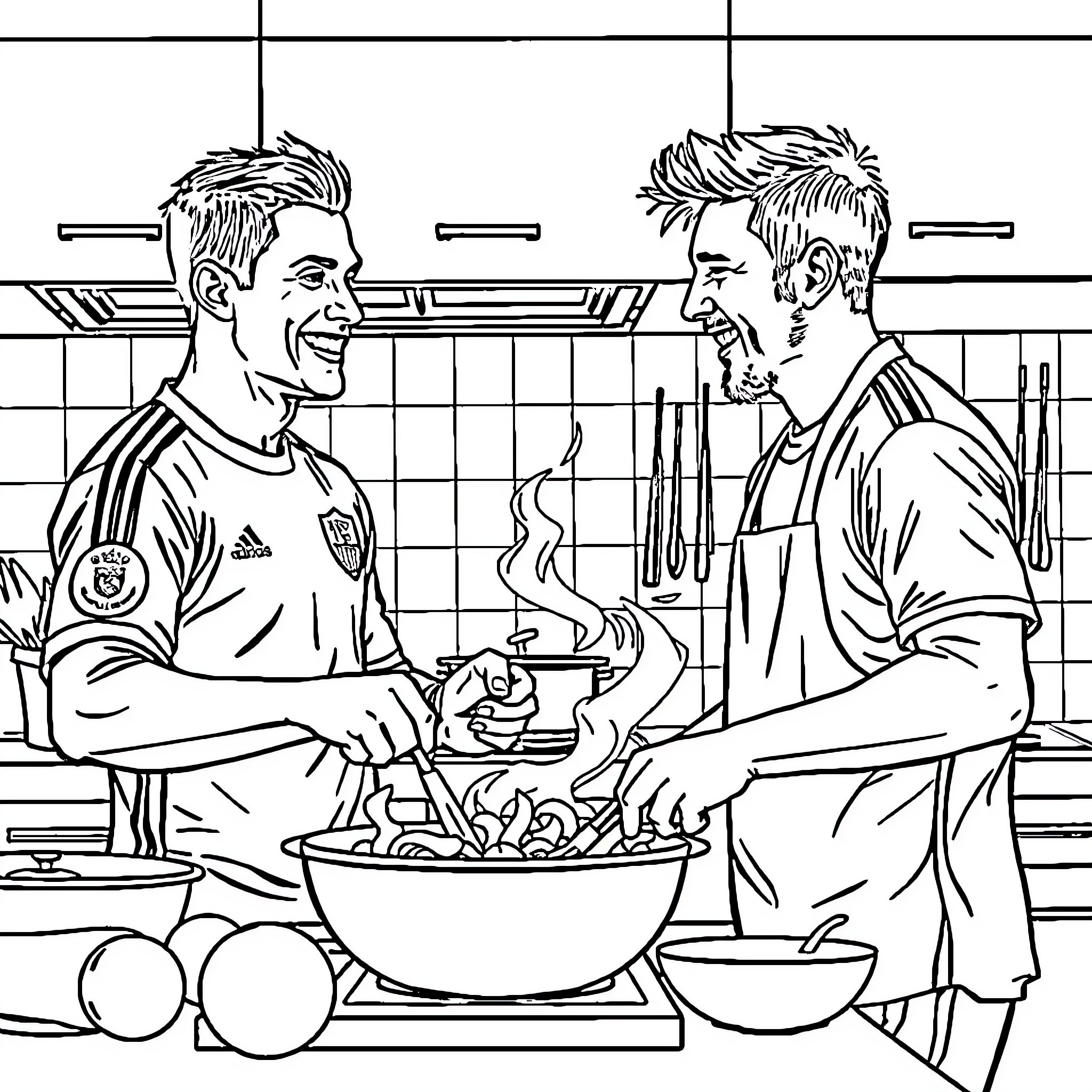 Cristiano Ronaldo and friend cooking together in the kitchen Coloring Page (free black-and-white line drawing printable PDF for all, from beginners to advanced learners, including children, teens, adults, and seniors)