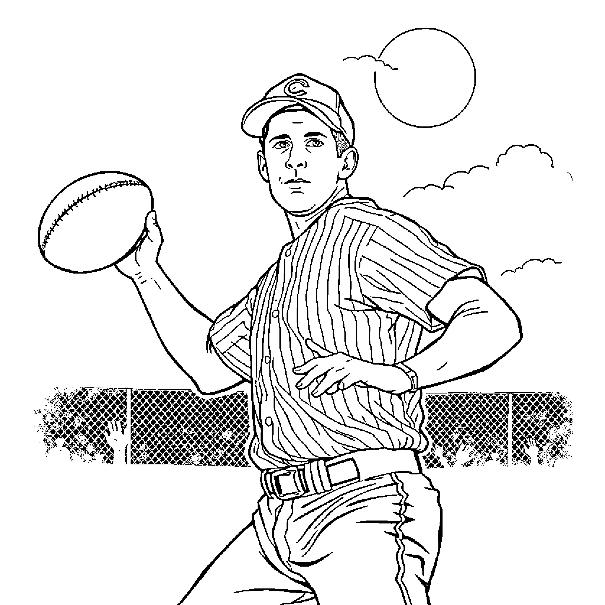Sandy Koufax pitching on the baseball field Coloring Page (free black-and-white line drawing printable PDF for all, from beginners to advanced learners, including children, teens, adults, and seniors)