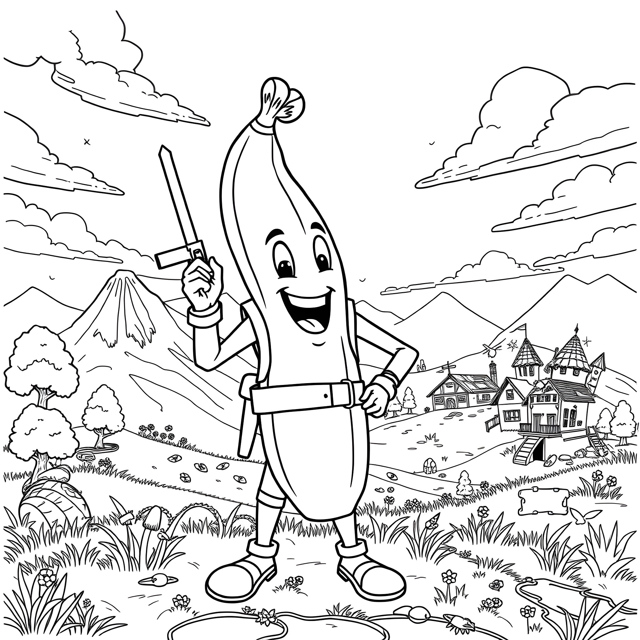 Peelly the Banana Adventurer in the Countryside Coloring Page (free black-and-white line drawing printable PDF for all, from beginners to advanced learners, including children, teens, adults, and seniors)