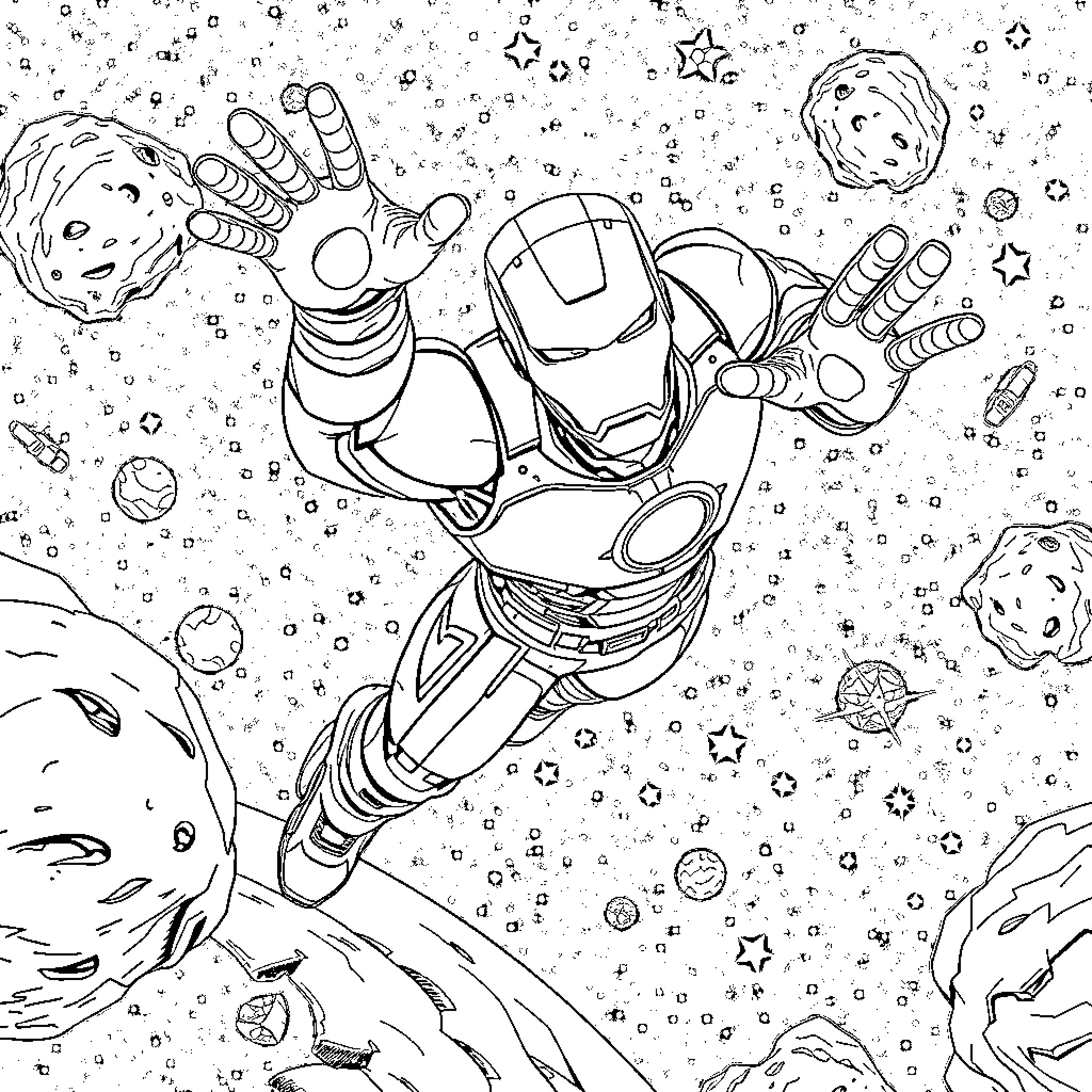 Iron Man soaring through the cosmic space Coloring Page (free black-and-white line drawing printable PDF for all, from beginners to advanced learners, including children, teens, adults, and seniors)
