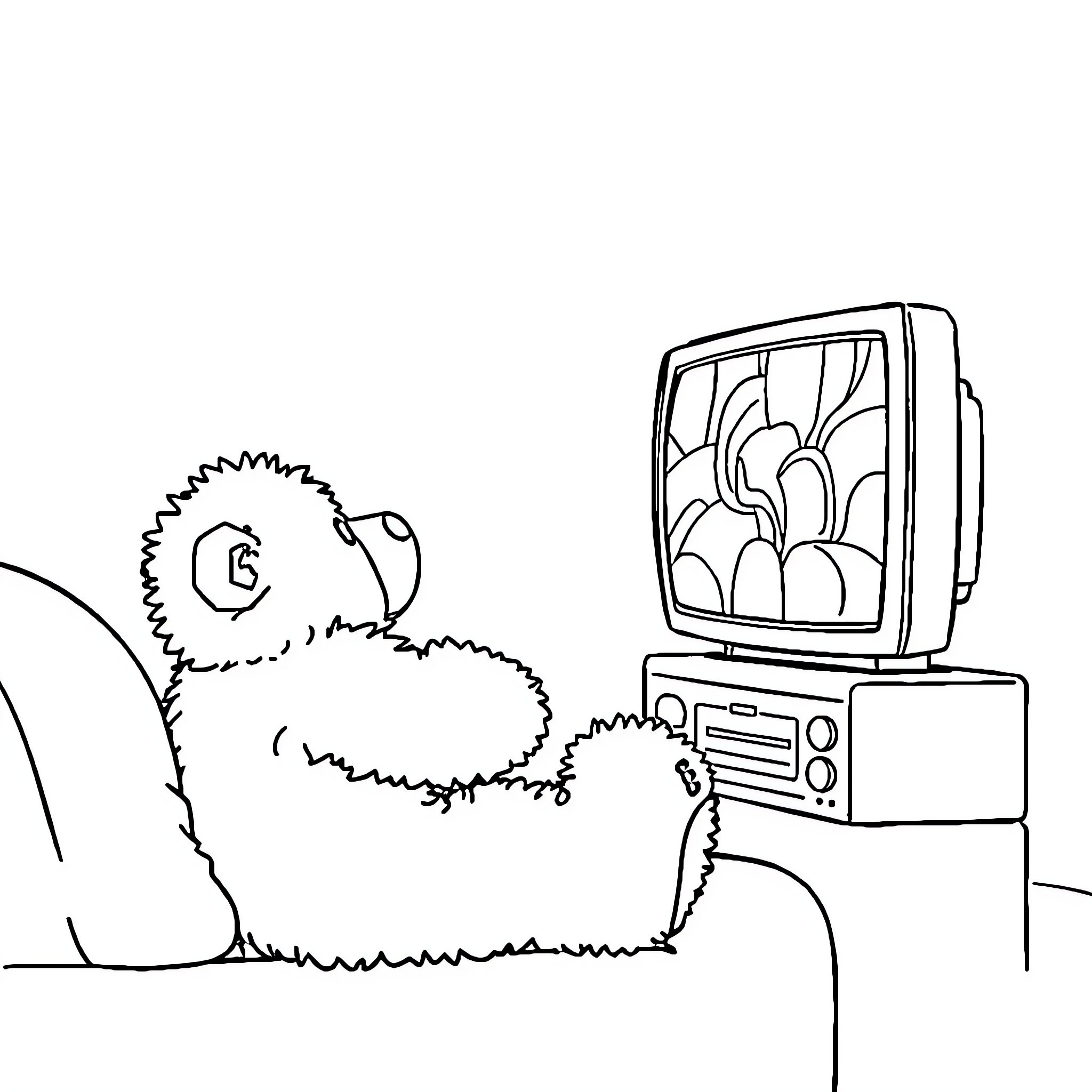 Bear watching TV in the living room Coloring Page (free black-and-white line drawing printable PDF for all, from beginners to advanced learners, including children, teens, adults, and seniors)