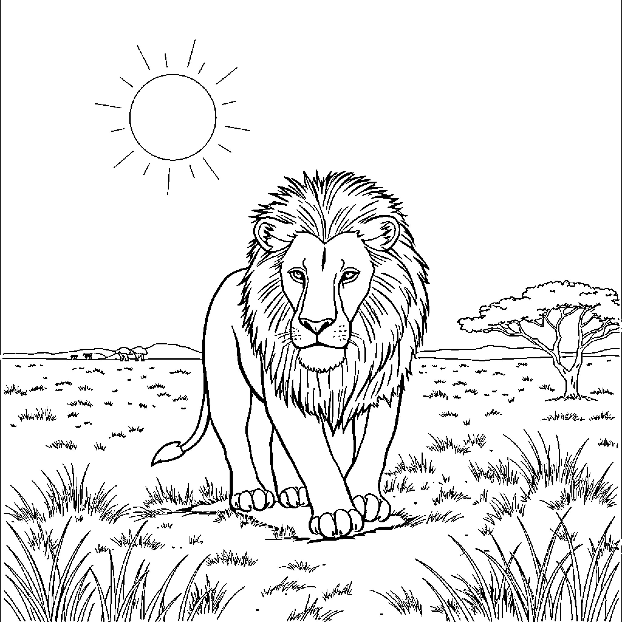 Lion stalking in the savanna landscape Coloring Page (free black-and-white line drawing printable PDF for all, from beginners to advanced learners, including children, teens, adults, and seniors)