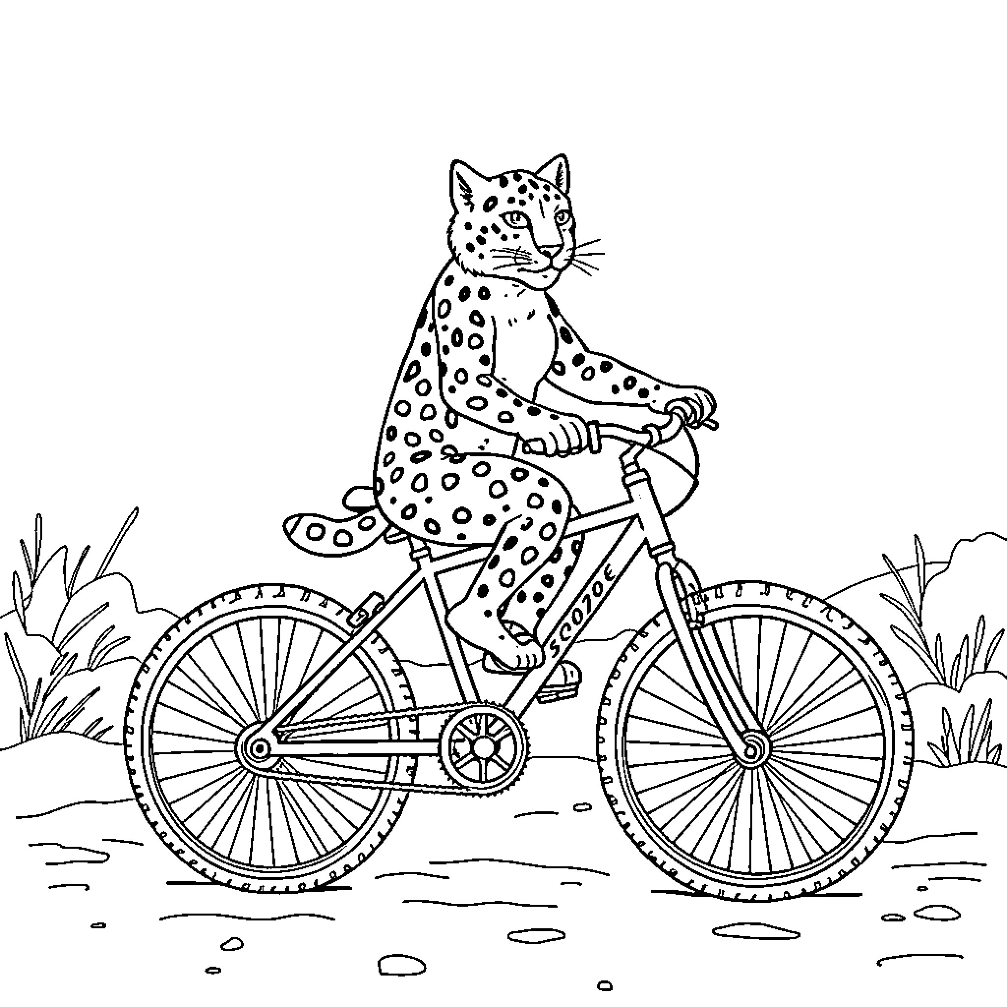 Snow Leopard riding a bicycle in the outdoors Coloring Page (free black-and-white line drawing printable PDF for all, from beginners to advanced learners, including children, teens, adults, and seniors)