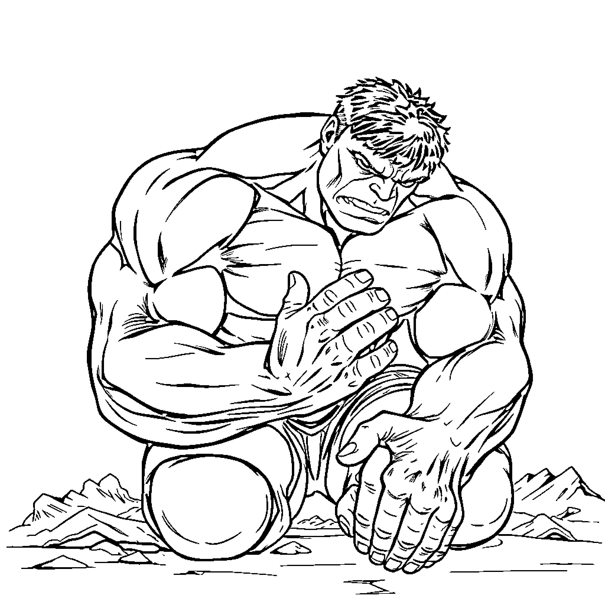 Hulk in Contemplative Pose Coloring Page (free black-and-white line drawing printable PDF for all, from beginners to advanced learners, including children, teens, adults, and seniors)