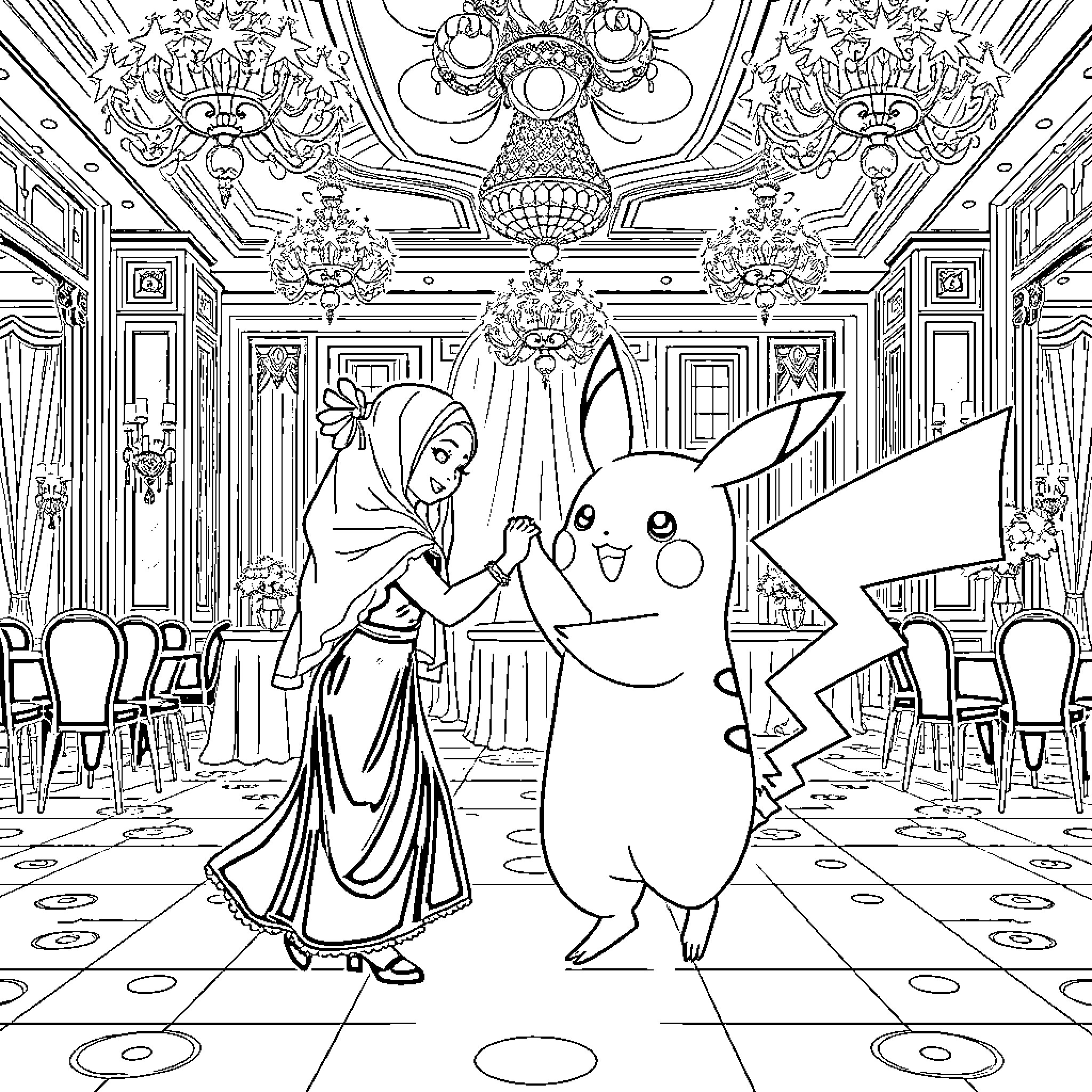 Rumi and Pikachu in a Whimsical Palace Setting Coloring Page (free black-and-white line drawing printable PDF for all, from beginners to advanced learners, including children, teens, adults, and seniors)