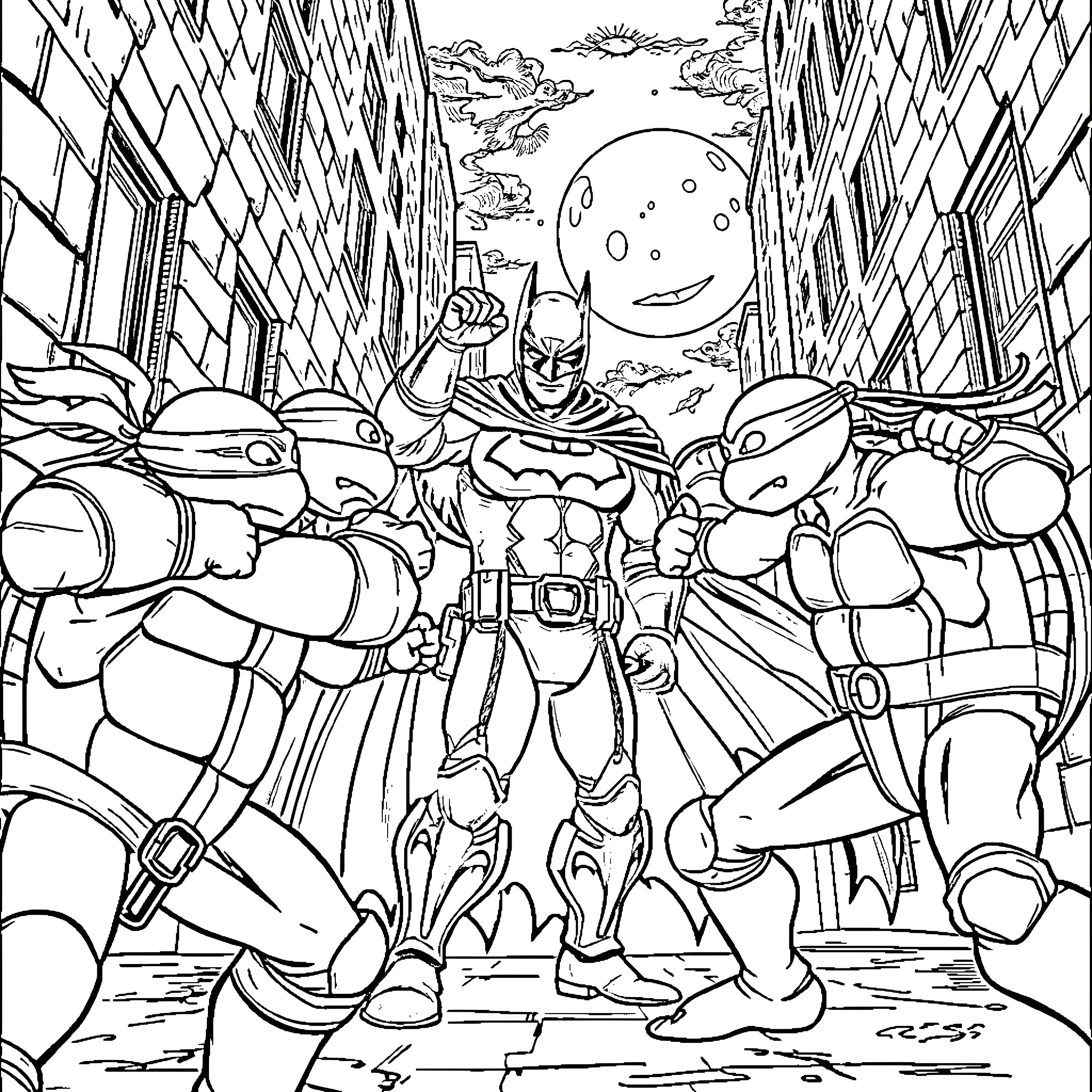 Teenage Mutant Ninja Turtle Heroes Battling in the City Coloring Page (free black-and-white line drawing printable PDF for all, from beginners to advanced learners, including children, teens, adults, and seniors)