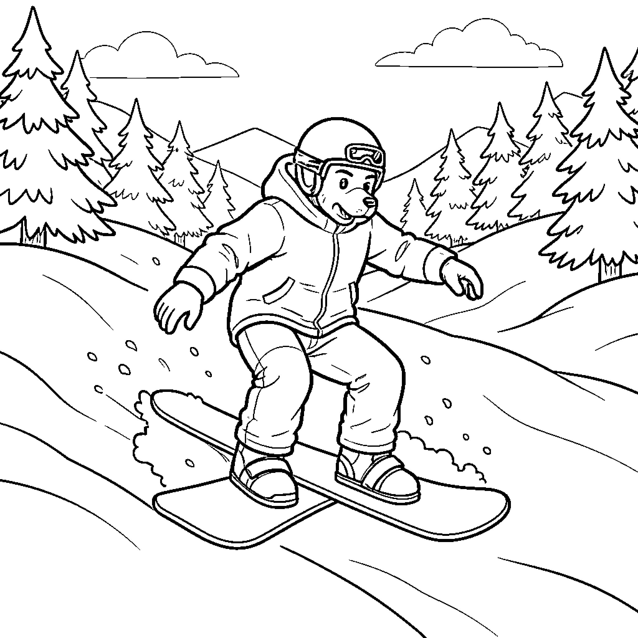 Cocker spaniel snowboarding down a snowy mountain slope Coloring Page (free black-and-white line drawing printable PDF for all, from beginners to advanced learners, including children, teens, adults, and seniors)