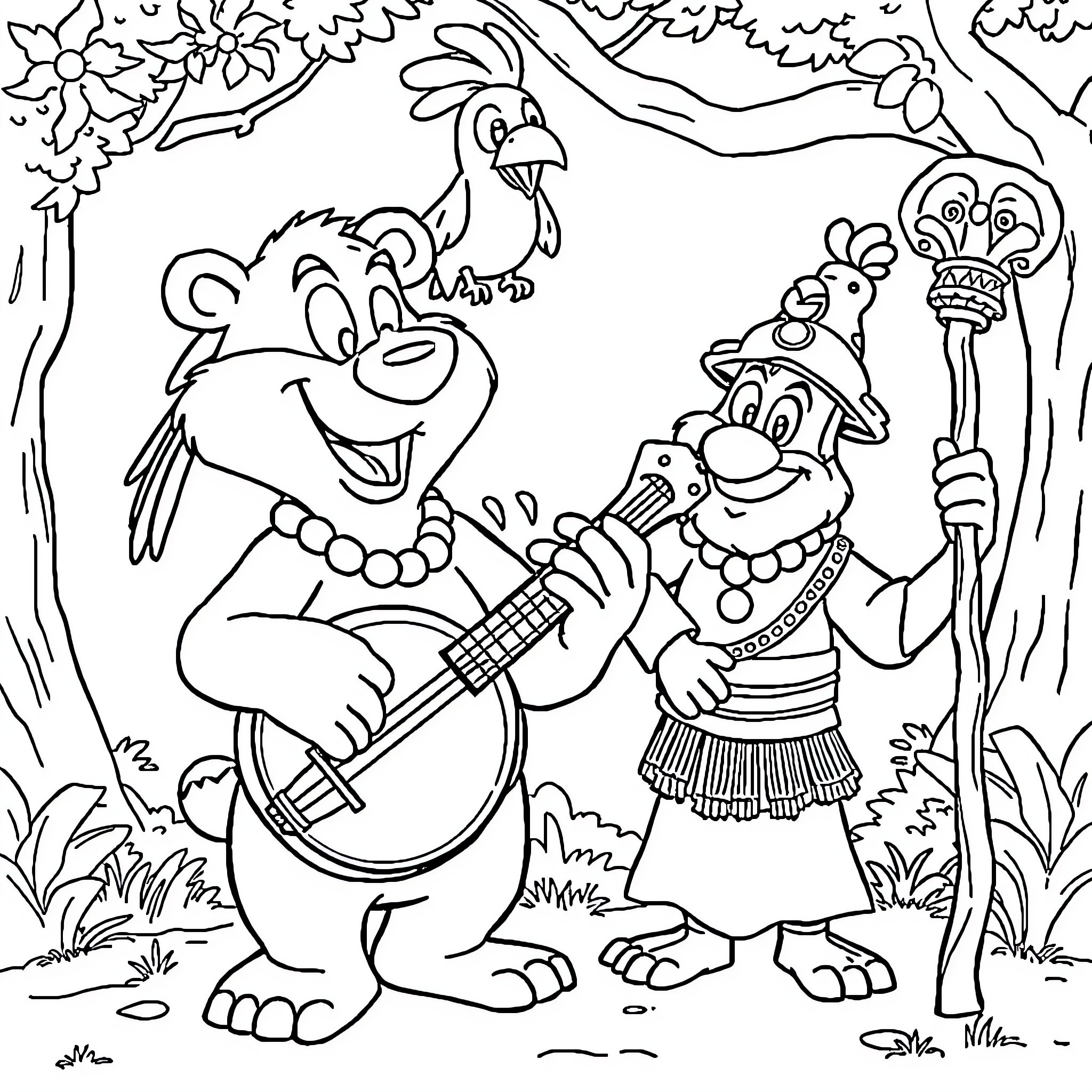 Banjo-Kazooie characters playing music in the jungle Coloring Page (free black-and-white line drawing printable PDF for all, from beginners to advanced learners, including children, teens, adults, and seniors)