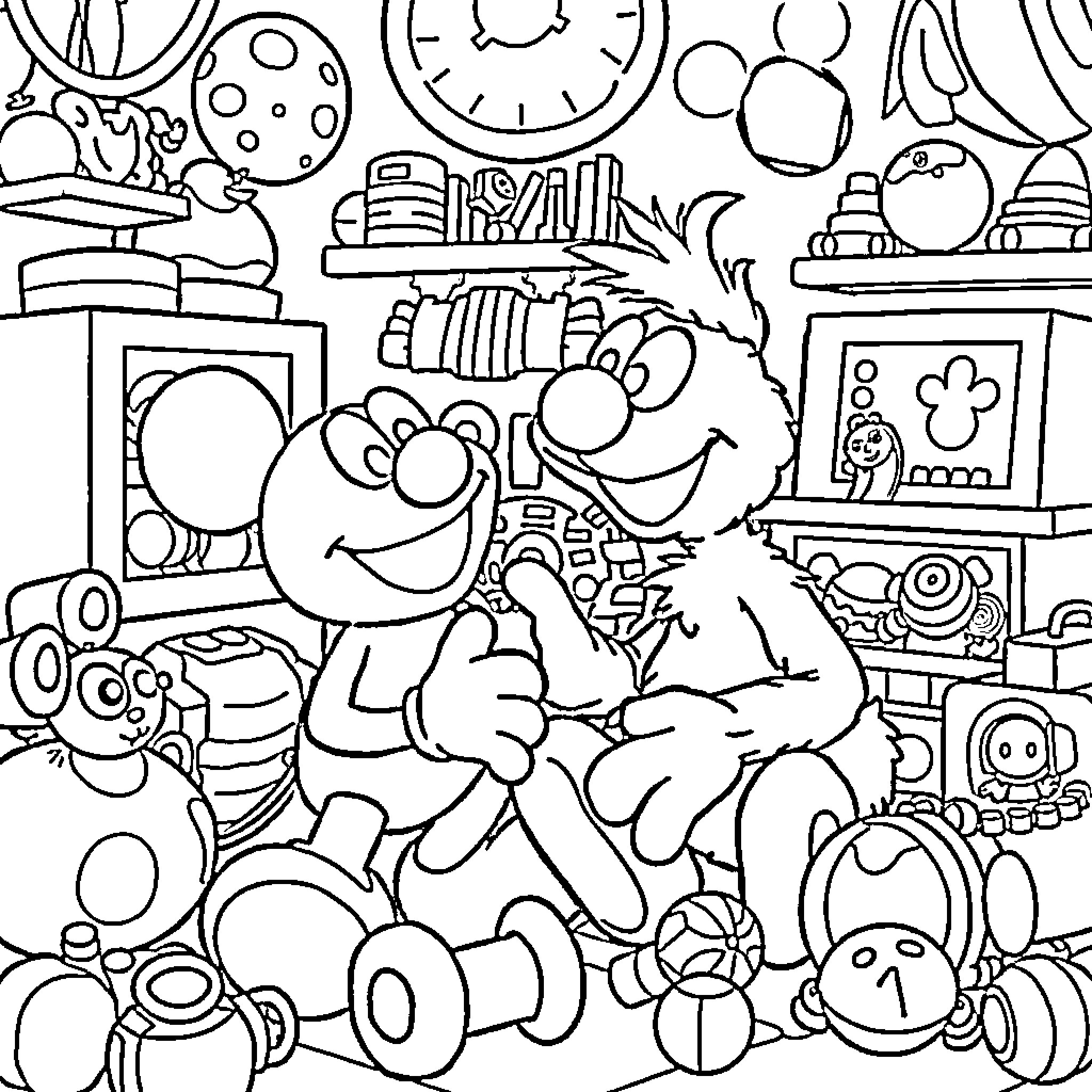 Elmo's Playful Adventure in a Cluttered Room Coloring Page (free black-and-white line drawing printable PDF for all, from beginners to advanced learners, including children, teens, adults, and seniors)
