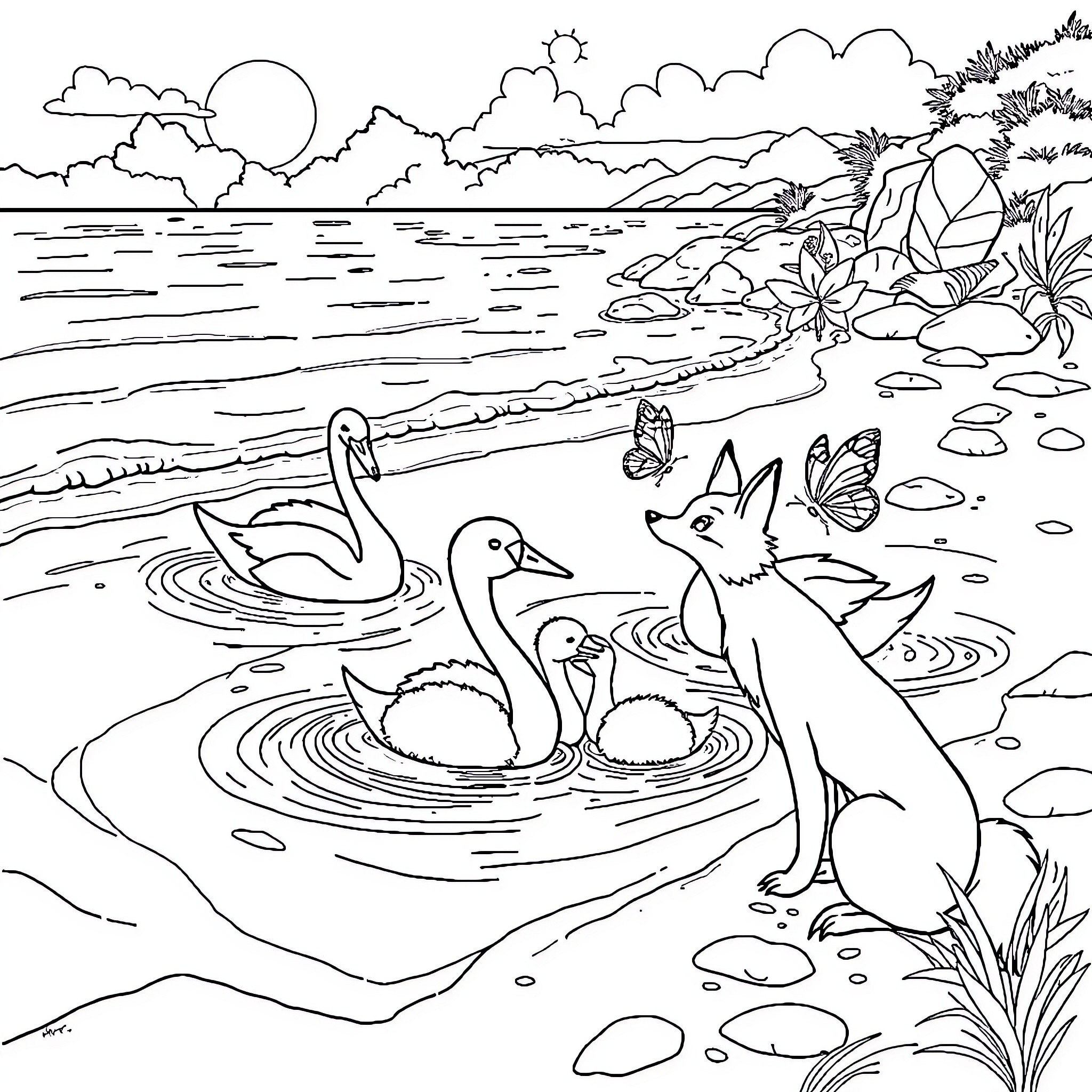 Swan family enjoying peaceful lakeside afternoon Coloring Page (free black-and-white line drawing printable PDF for all, from beginners to advanced learners, including children, teens, adults, and seniors)