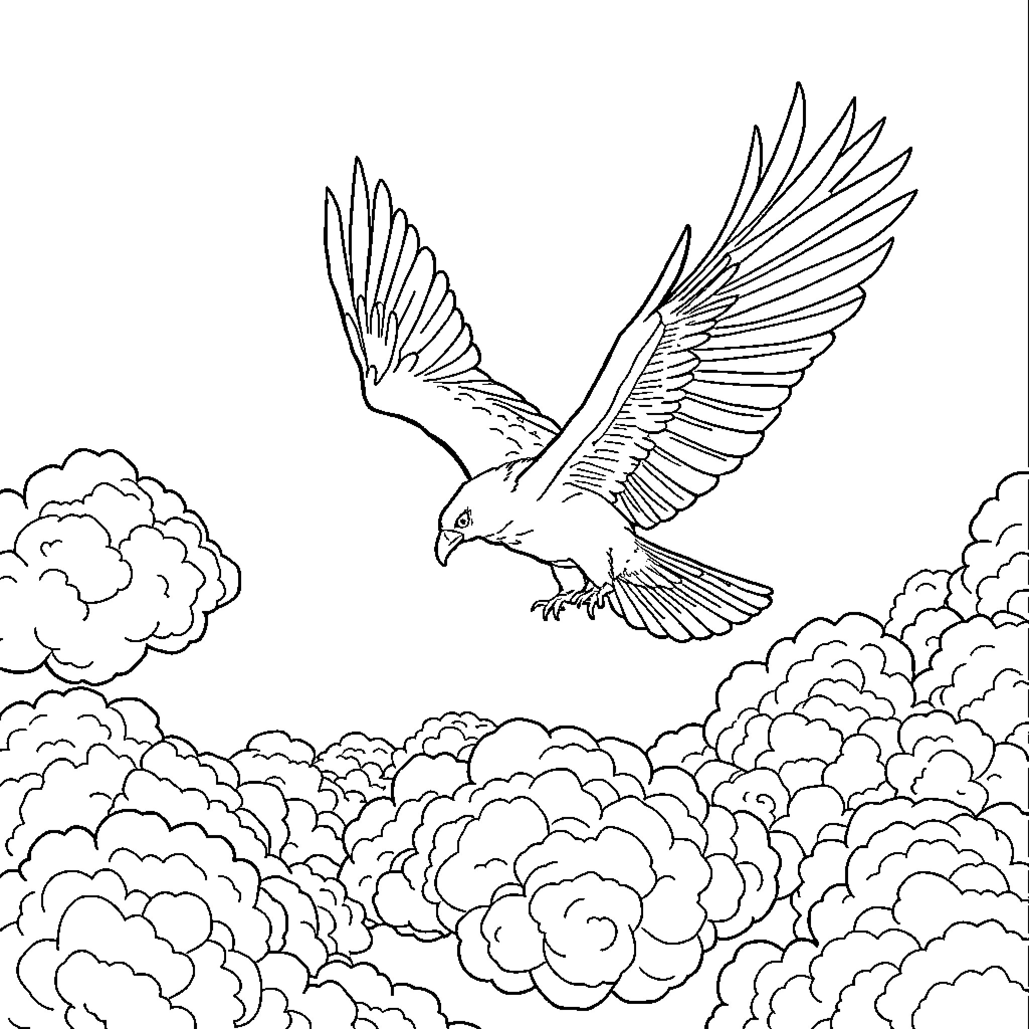 Perro soaring through the clouds Coloring Page (free black-and-white line drawing printable PDF for all, from beginners to advanced learners, including children, teens, adults, and seniors)