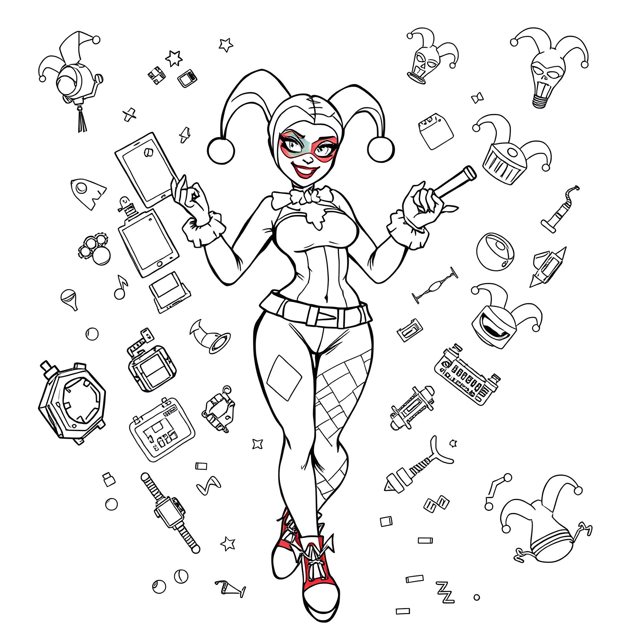 Harley Quinn's Chaotic Antics and Gadgets Coloring Page (free black-and-white line drawing printable PDF for all, from beginners to advanced learners, including children, teens, adults, and seniors)