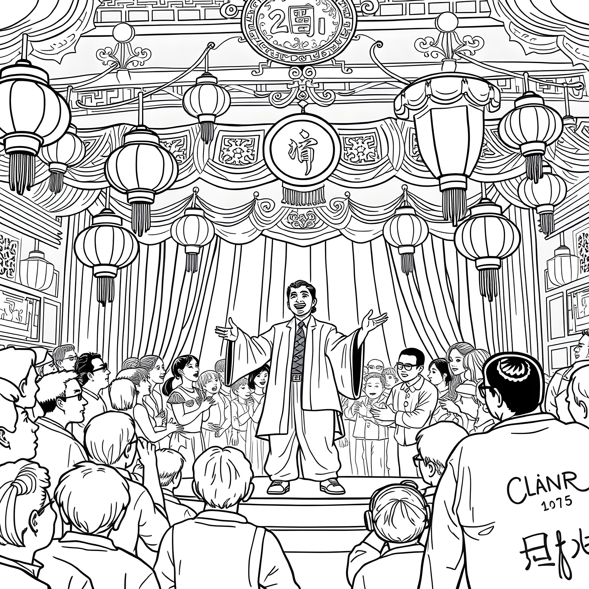 Comedian Performing in Front of Cheering Audience Coloring Page (free black-and-white line drawing printable PDF for all, from beginners to advanced learners, including children, teens, adults, and seniors)