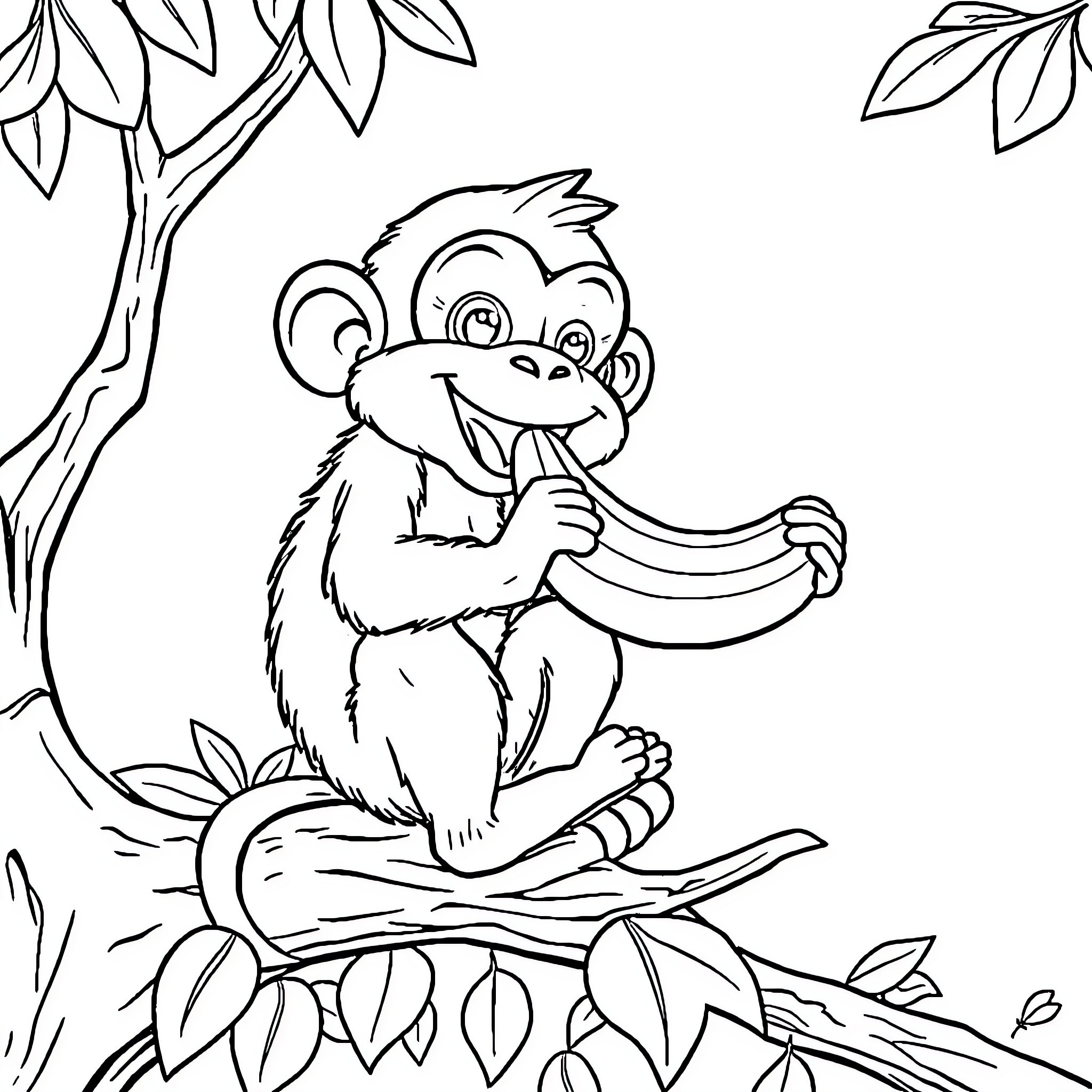 Monkey enjoying a banana in the jungle Coloring Page (free black-and-white line drawing printable PDF for all, from beginners to advanced learners, including children, teens, adults, and seniors)