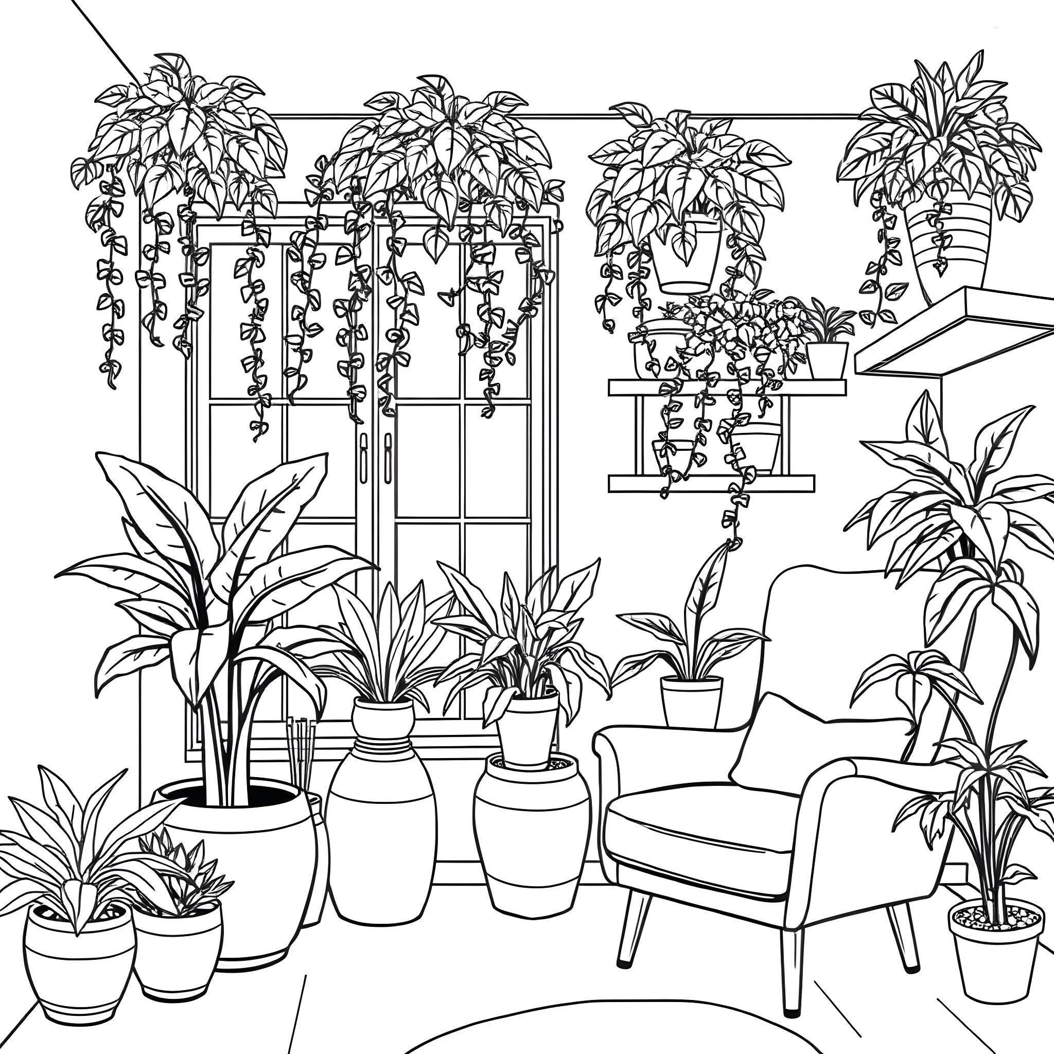 Houseplants creating a cozy indoor garden space Coloring Page (free black-and-white line drawing printable PDF for all, from beginners to advanced learners, including children, teens, adults, and seniors)