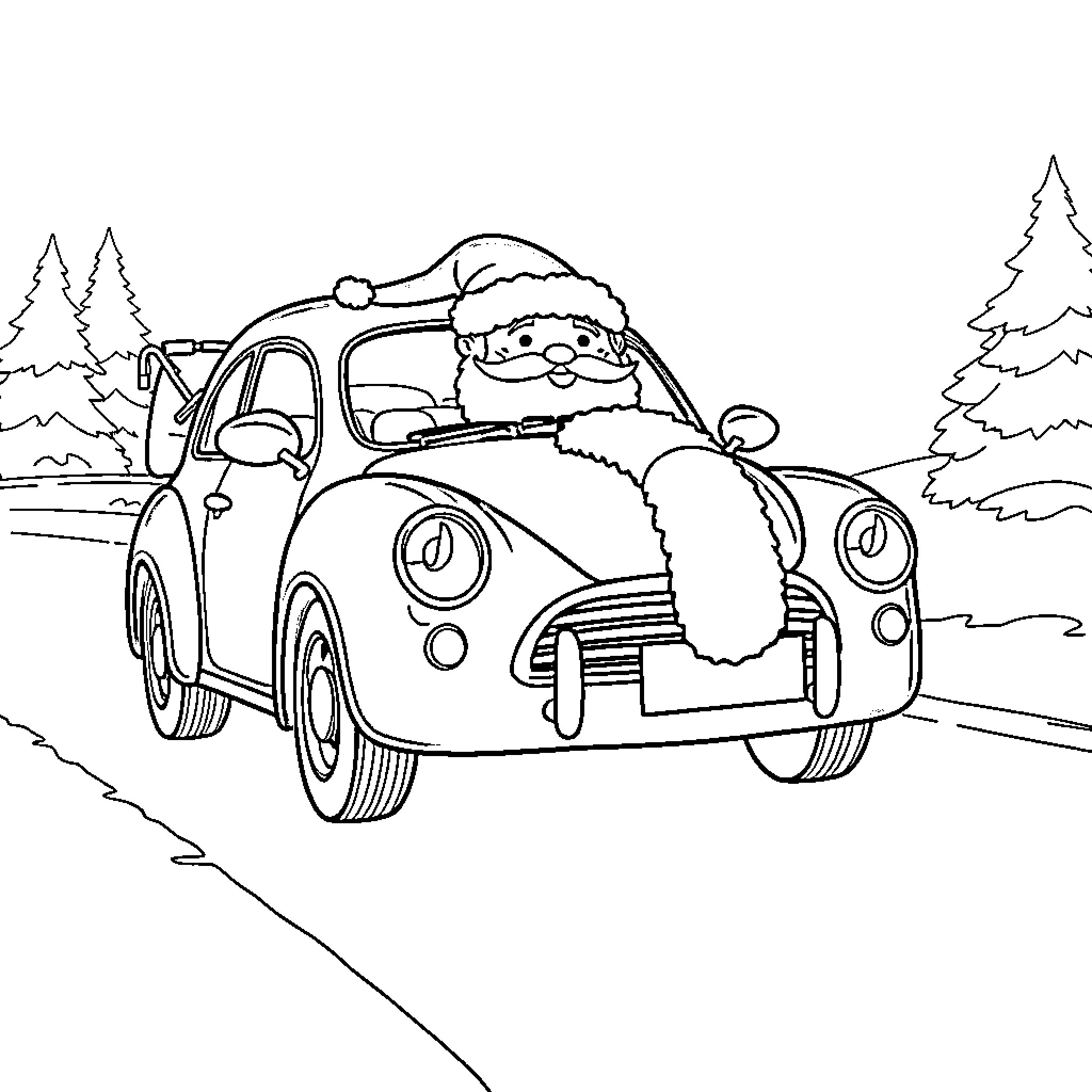 Santa Car Joyfully Driving Through Snowy Landscape Coloring Page (free black-and-white line drawing printable PDF for all, from beginners to advanced learners, including children, teens, adults, and seniors)