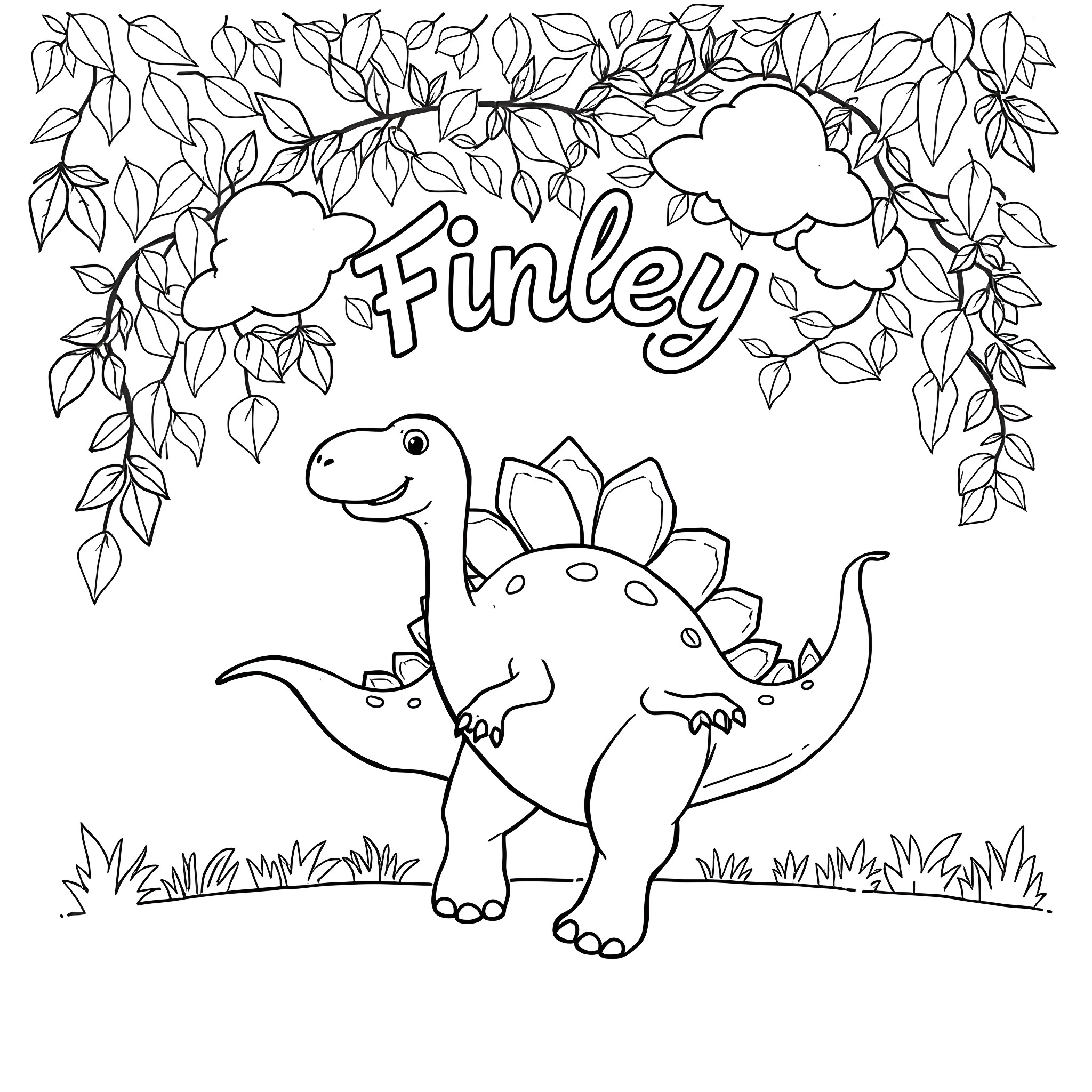 Stegosaurus playing happily in the nature Coloring Page (free black-and-white line drawing printable PDF for all, from beginners to advanced learners, including children, teens, adults, and seniors)