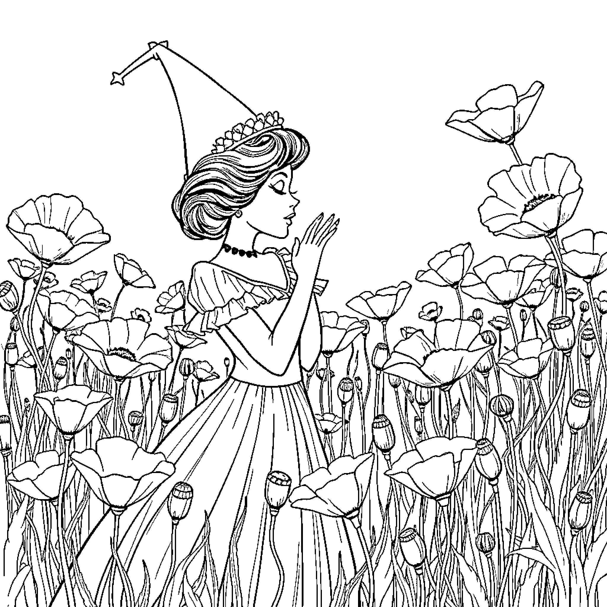 Glinda among the whimsical flowers and butterflies Coloring Page (free black-and-white line drawing printable PDF for all, from beginners to advanced learners, including children, teens, adults, and seniors)