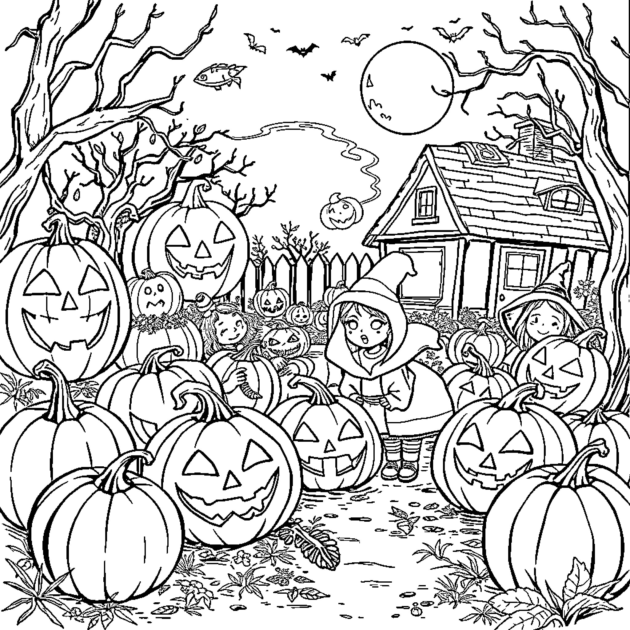 Halloween Trick-or-Treating in the Spooky Neighborhood Coloring Page (free black-and-white line drawing printable PDF for all, from beginners to advanced learners, including children, teens, adults, and seniors)