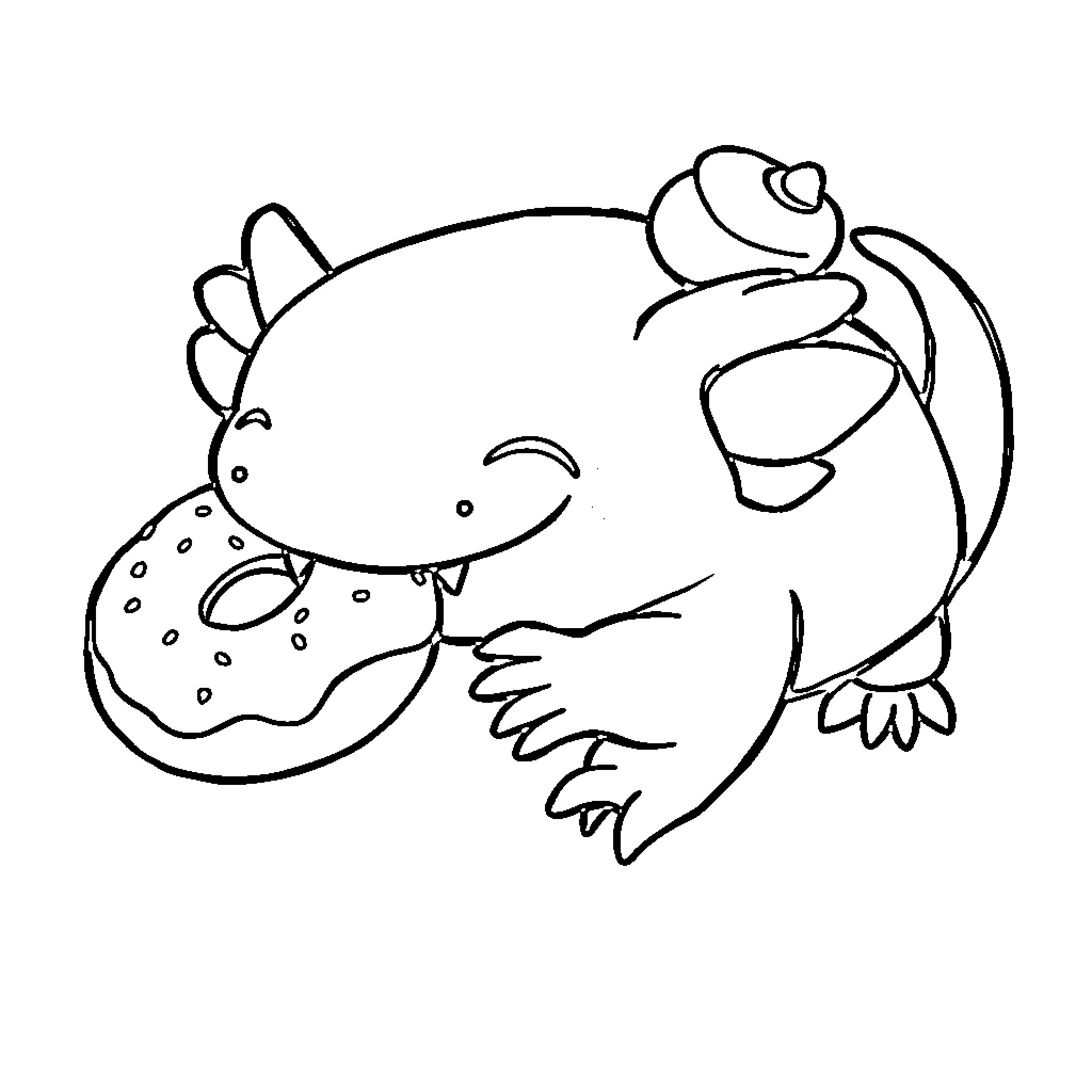 Axolotl with a Donut Coloring Page (free black-and-white line drawing printable PDF for all, from beginners to advanced learners, including children, teens, adults, and seniors)
