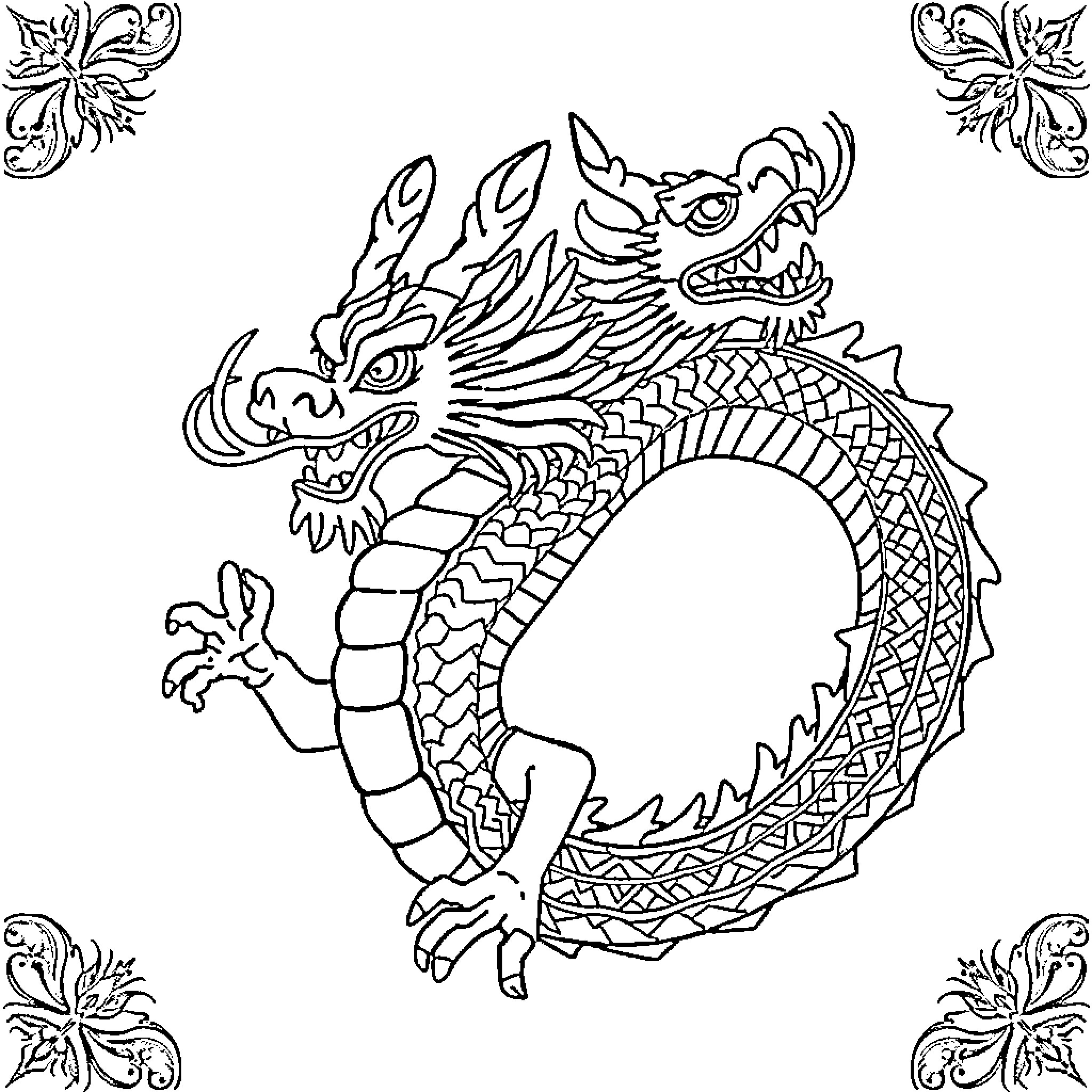 Dragon Biting Its Own Tail in Ornate Frame Coloring Page (free black-and-white line drawing printable PDF for all, from beginners to advanced learners, including children, teens, adults, and seniors)