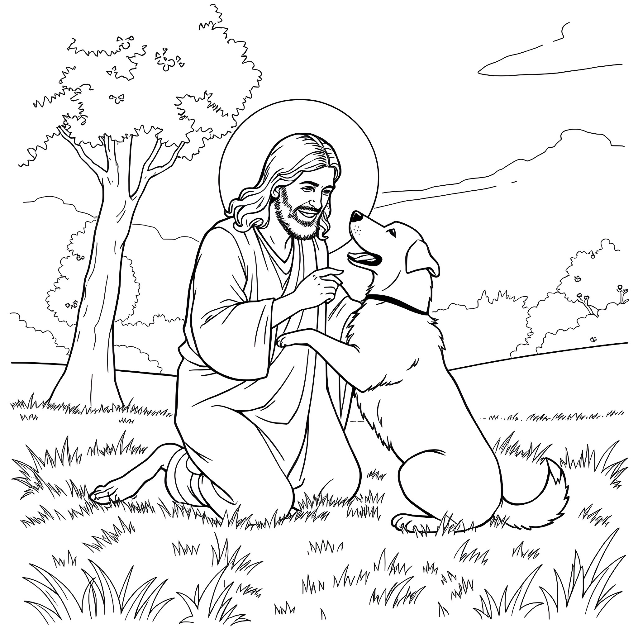 Jesus peacefully interacting with an animal in nature Coloring Page (free black-and-white line drawing printable PDF for all, from beginners to advanced learners, including children, teens, adults, and seniors)