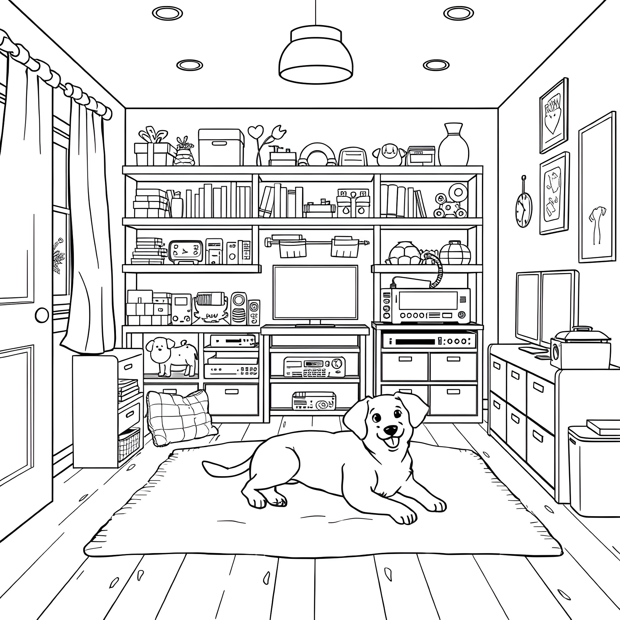 Child and playful dog in cozy home environment Coloring Page (free black-and-white line drawing printable PDF for all, from beginners to advanced learners, including children, teens, adults, and seniors)