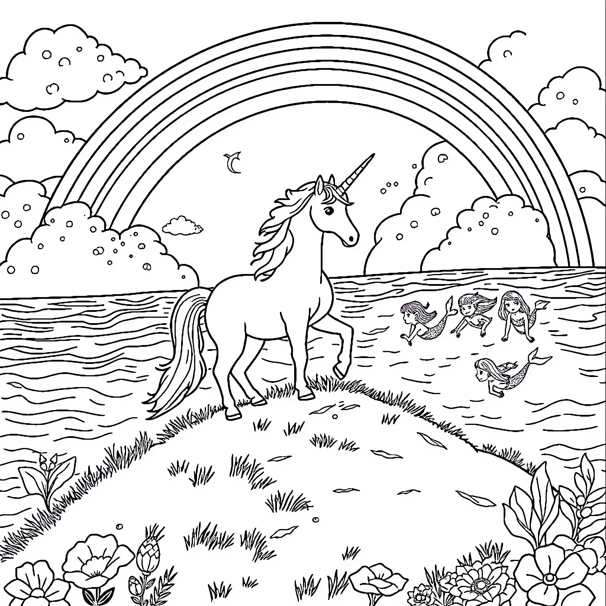 Unicorn in a magical meadow with a rainbow Coloring Page (free black-and-white line drawing printable PDF for all, from beginners to advanced learners, including children, teens, adults, and seniors)