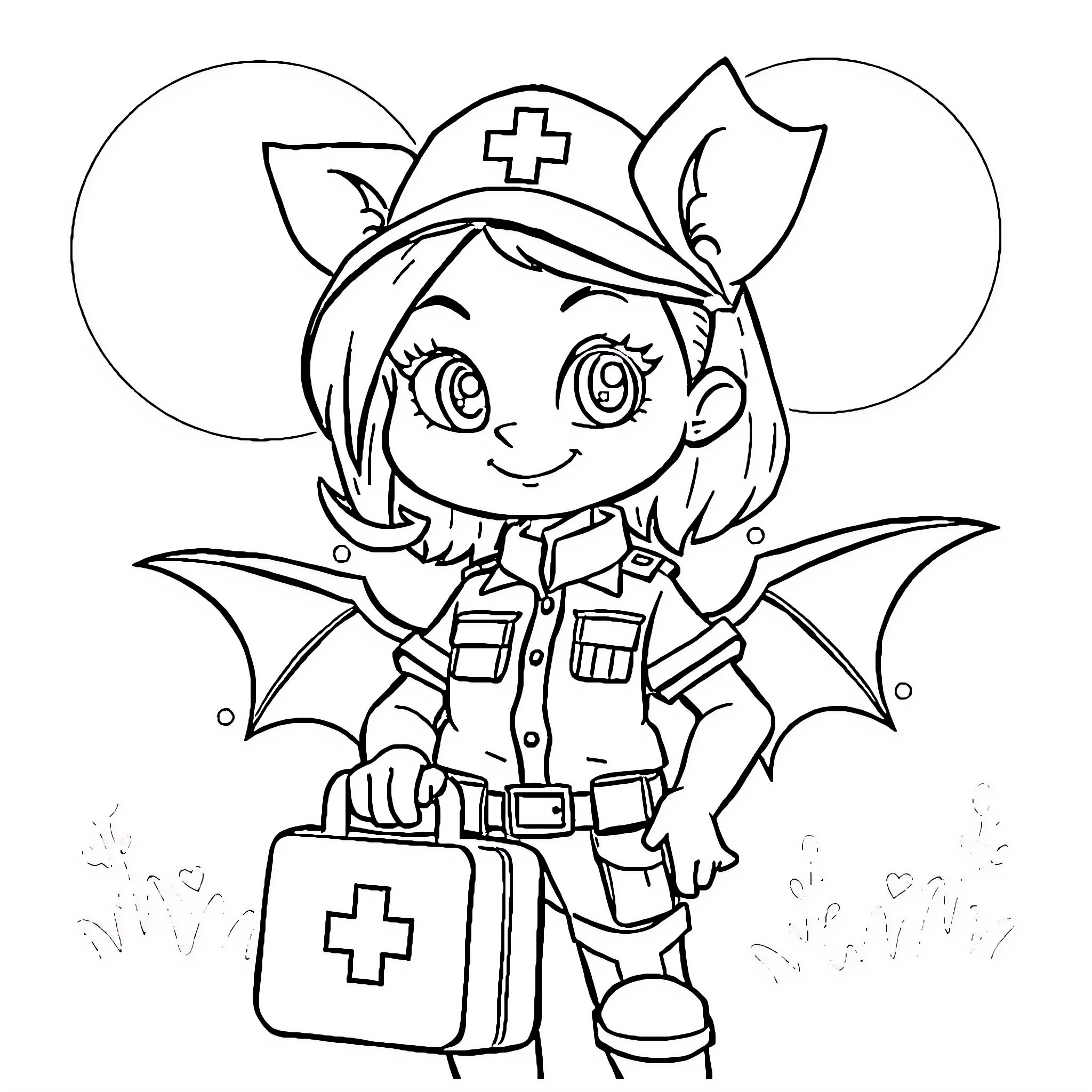 Bat-themed nurse with medical supplies Coloring Page (free black-and-white line drawing printable PDF for all, from beginners to advanced learners, including children, teens, adults, and seniors)