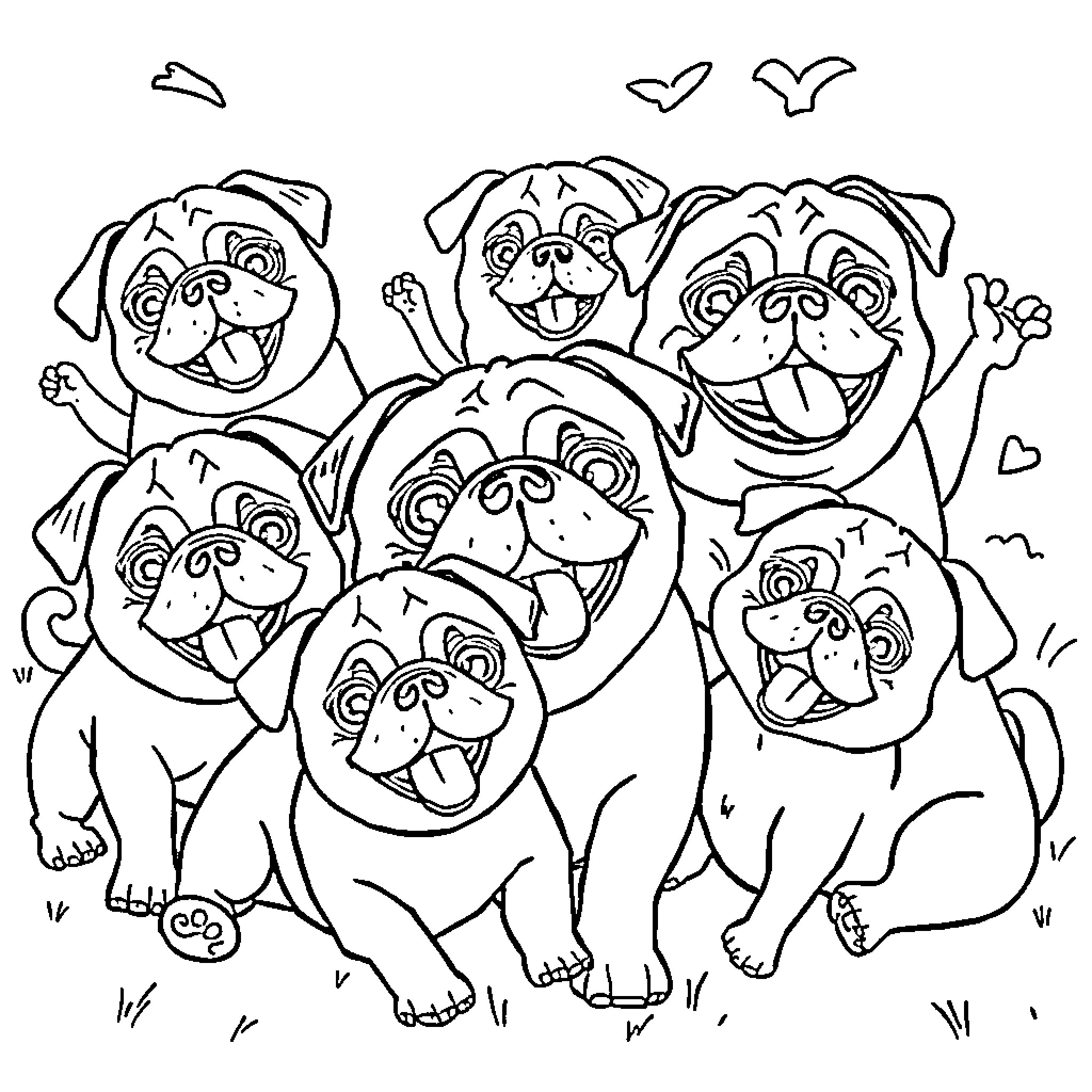 Pug dogs playing and smiling happily together Coloring Page (free black-and-white line drawing printable PDF for all, from beginners to advanced learners, including children, teens, adults, and seniors)