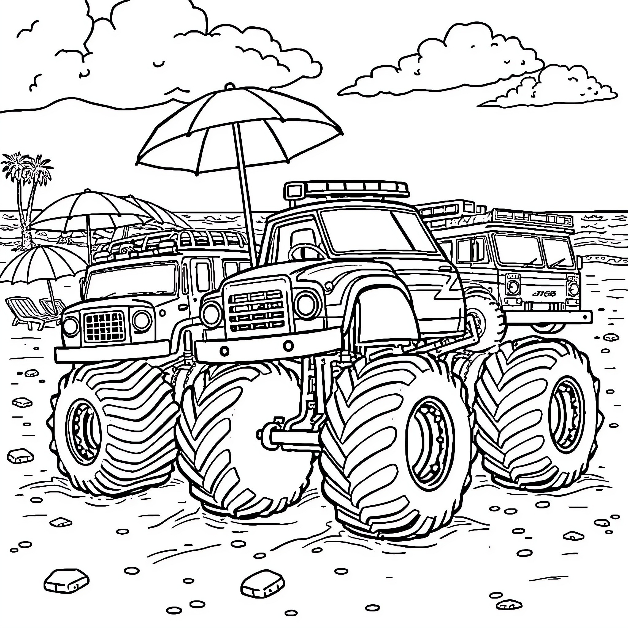 Truck on the beach with umbrellas and scenery Coloring Page (free black-and-white line drawing printable PDF for all, from beginners to advanced learners, including children, teens, adults, and seniors)